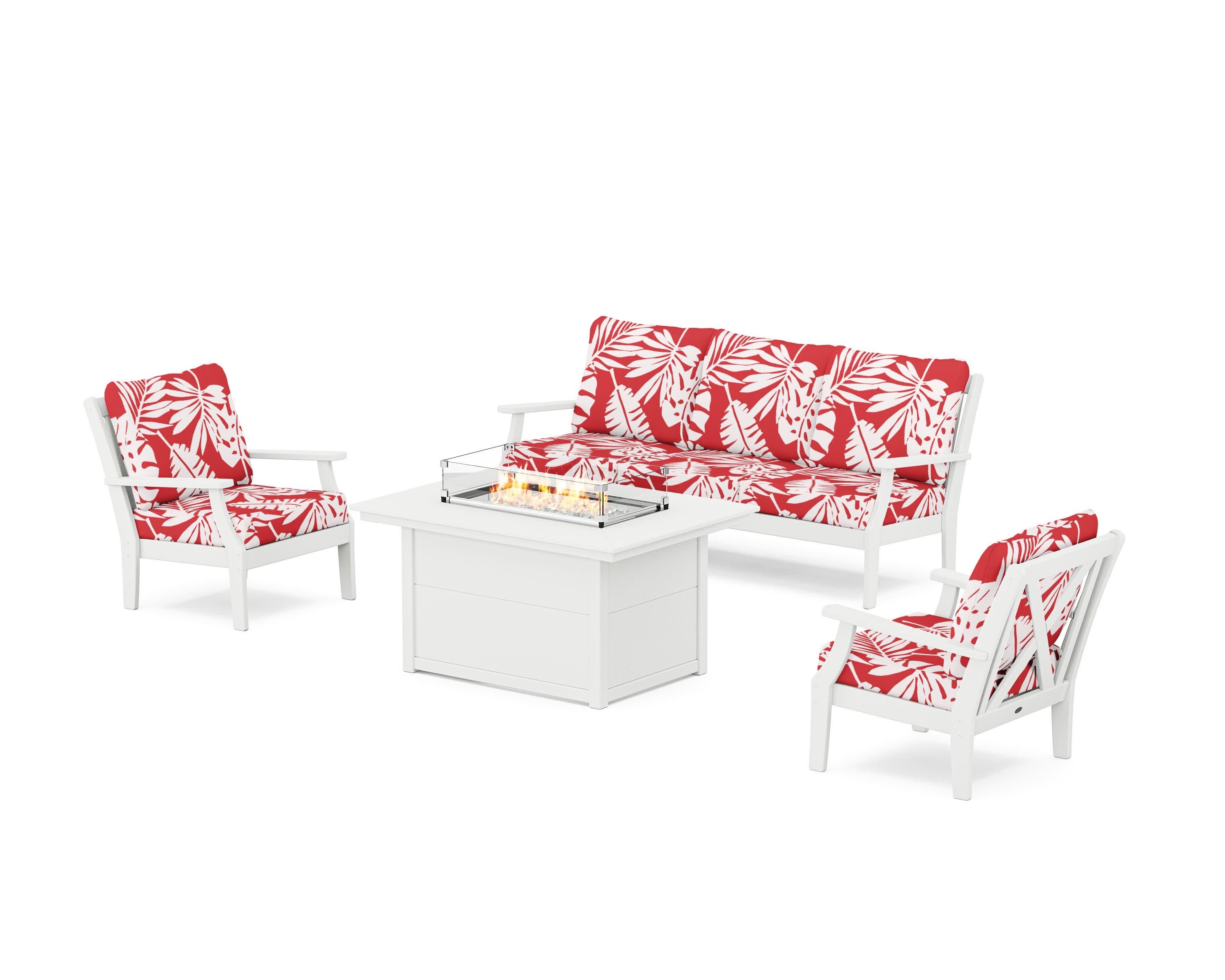Braxton Deep Seating Fire Pit Table Set in White / Leaf Crimson