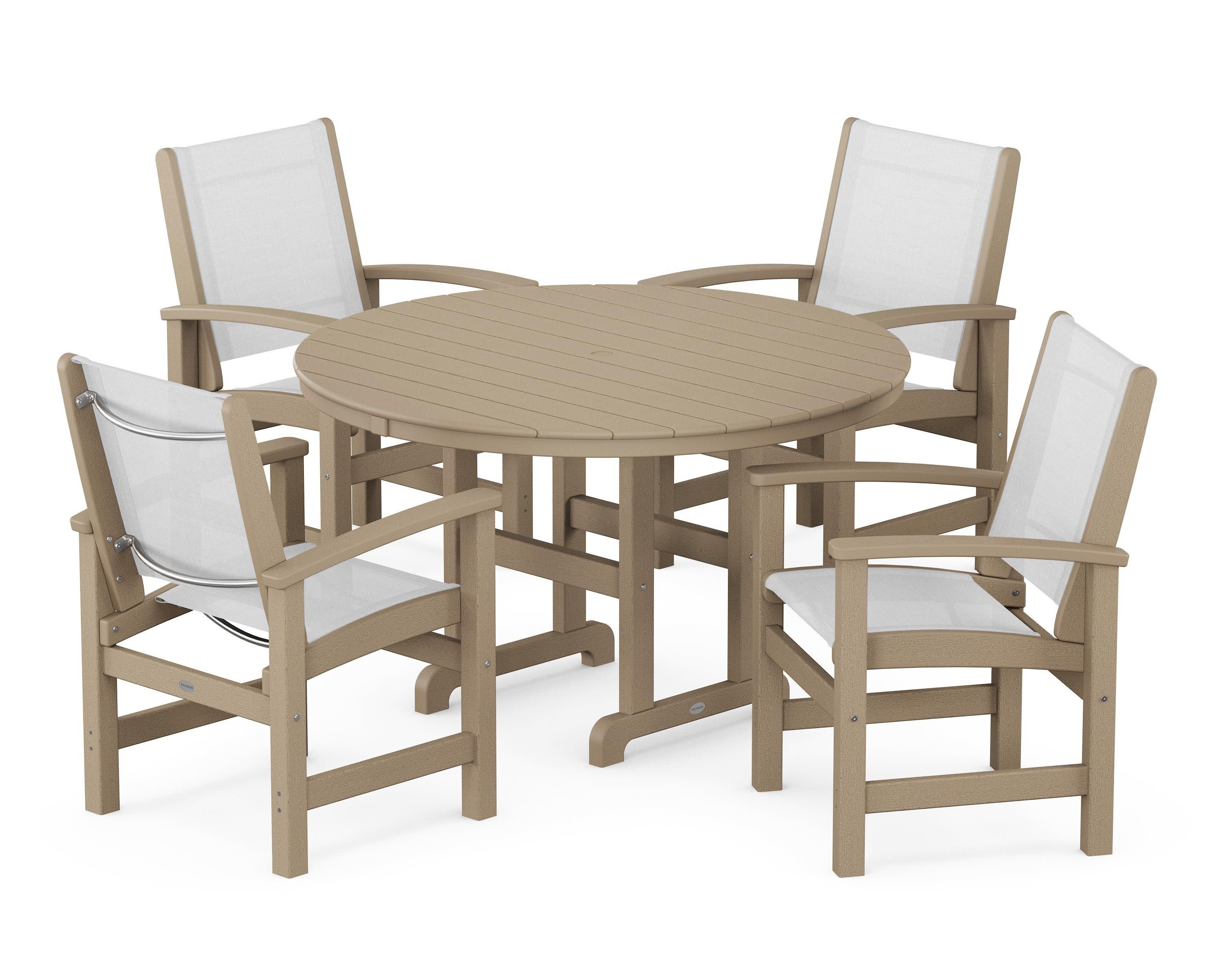 Coastal 5-Piece Round Farmhouse Dining Set in Vintage Sahara / White Sling