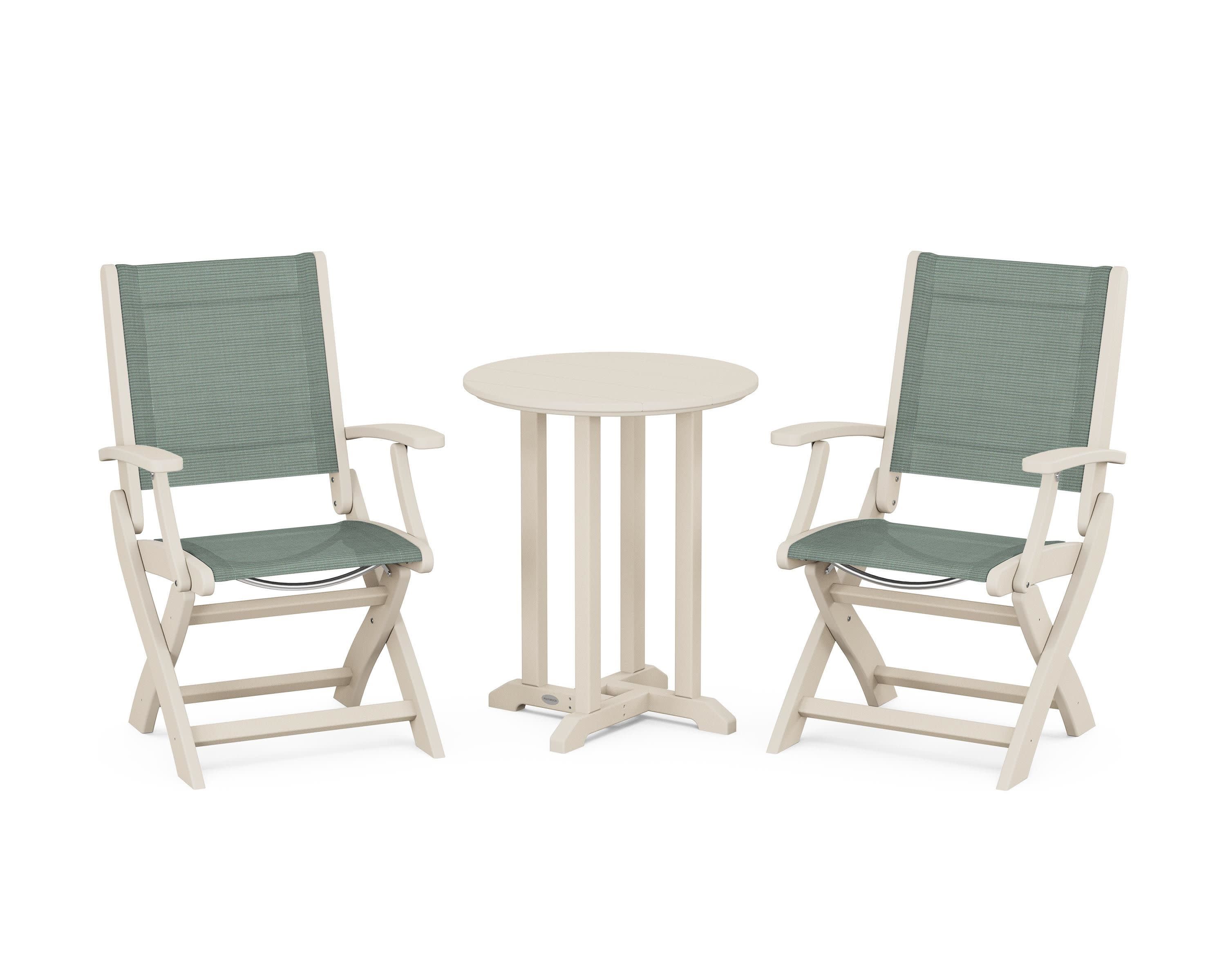 Coastal Folding 3-Piece Round Bistro Dining Set in Sand / Dupioni Sea Mist Sling