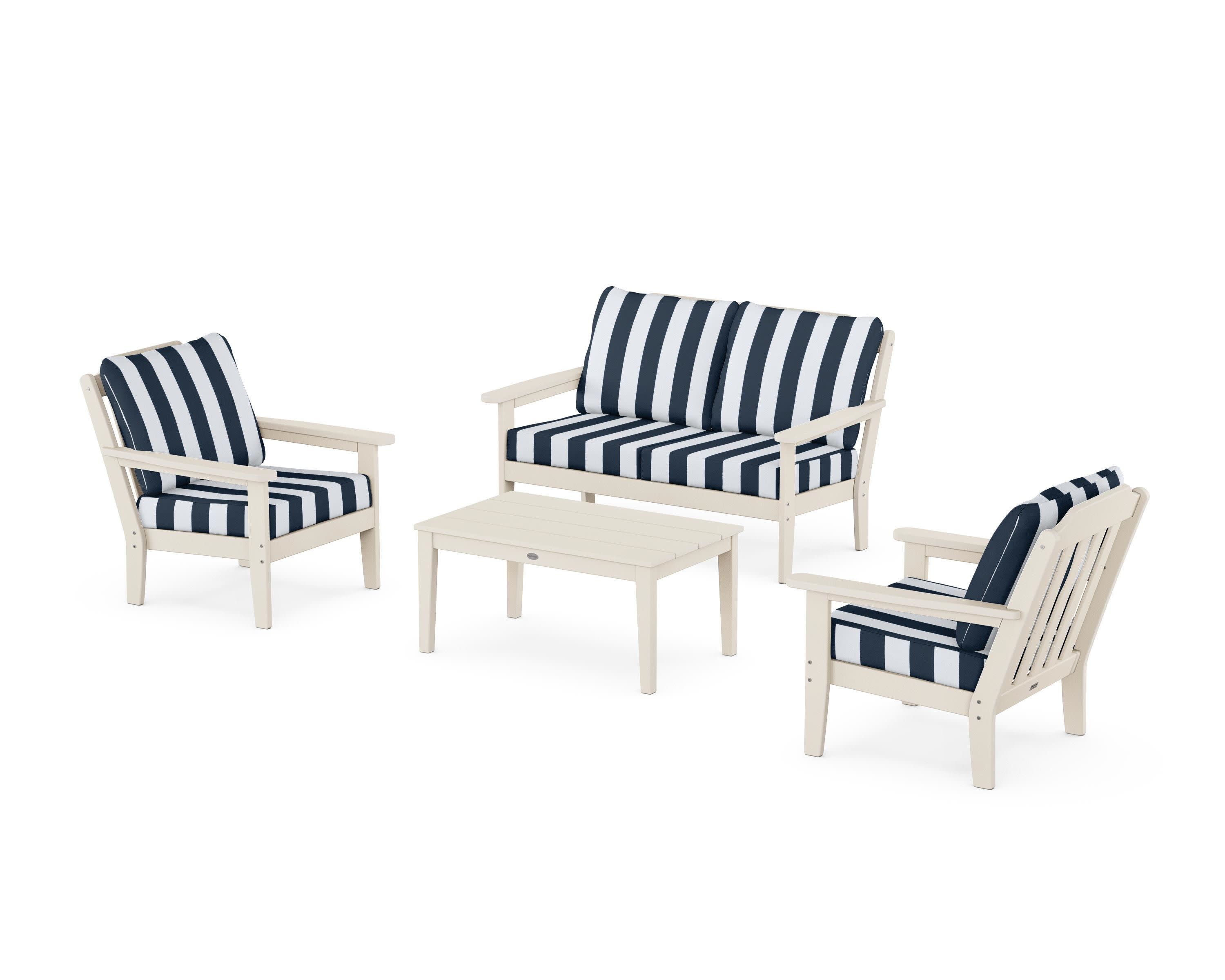 Cottage 4-Piece Deep Seating Set with Loveseat in Sand / Cabana Stripe Marine Indigo