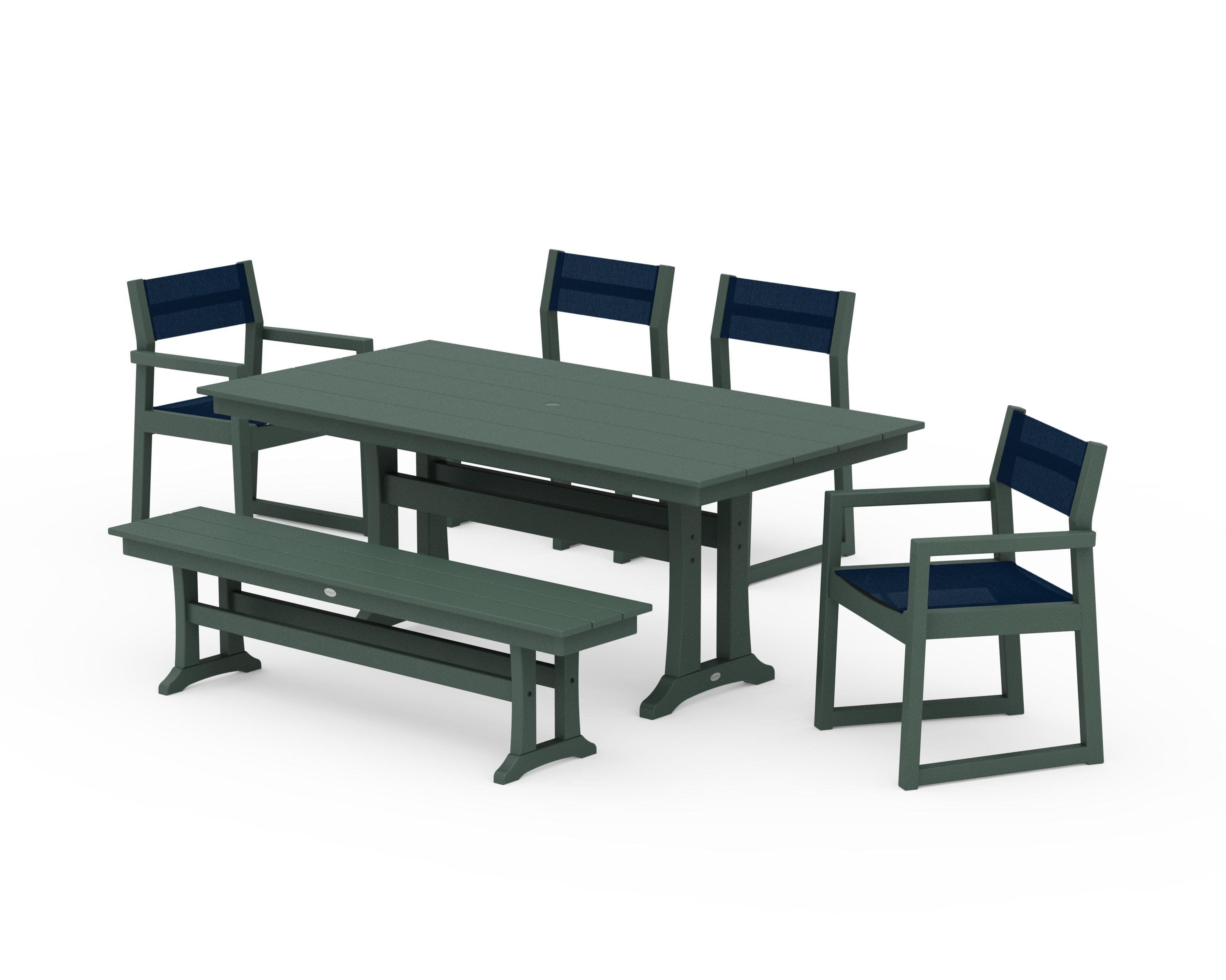 EDGE Sling 6-Piece Farmhouse Dining Set With Trestle Legs in Green / Navy Blue Sling