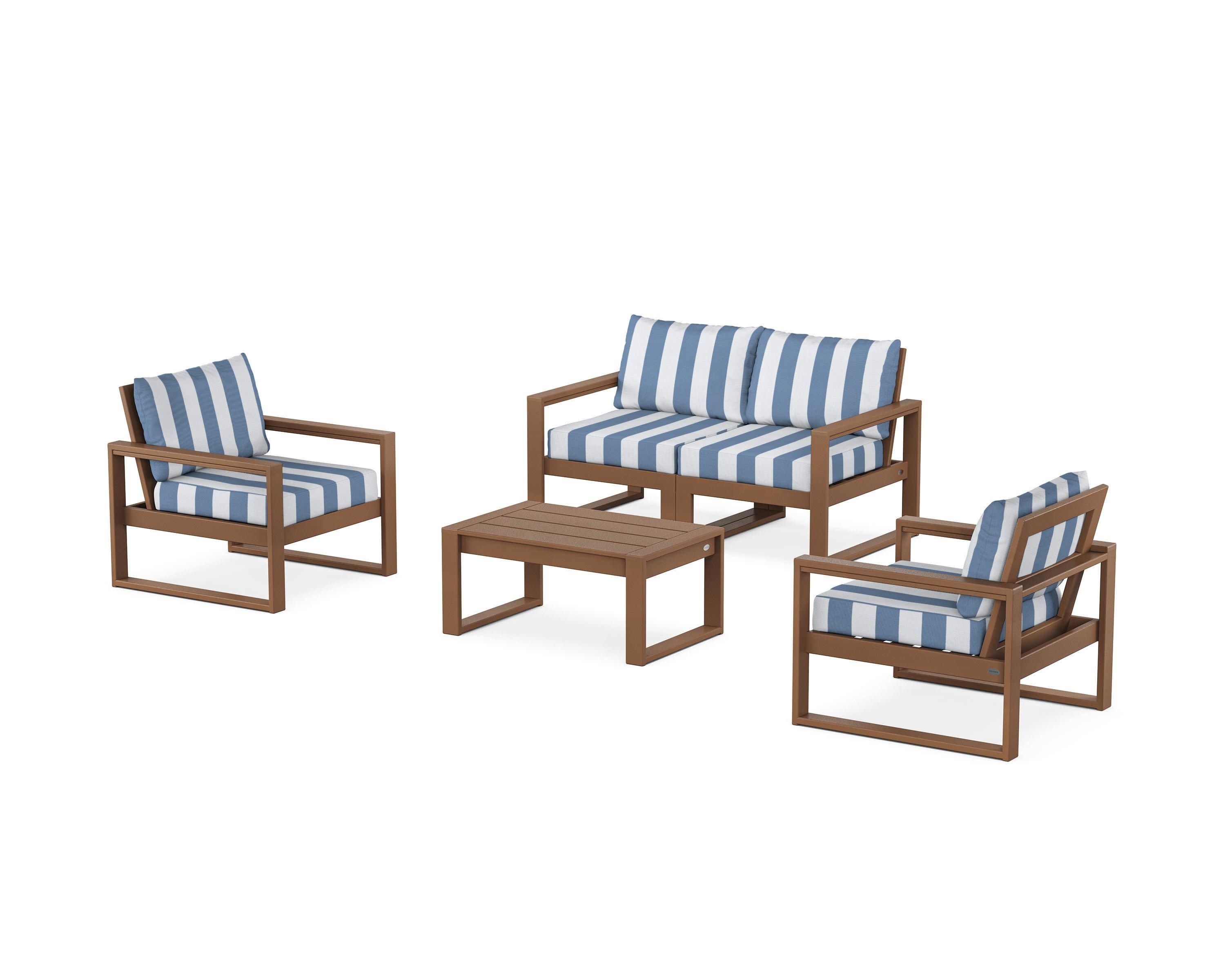 EDGE Sectional 4-Piece Deep Seating Set with Loveseat in Teak / Cabana Stripe Sky Blue