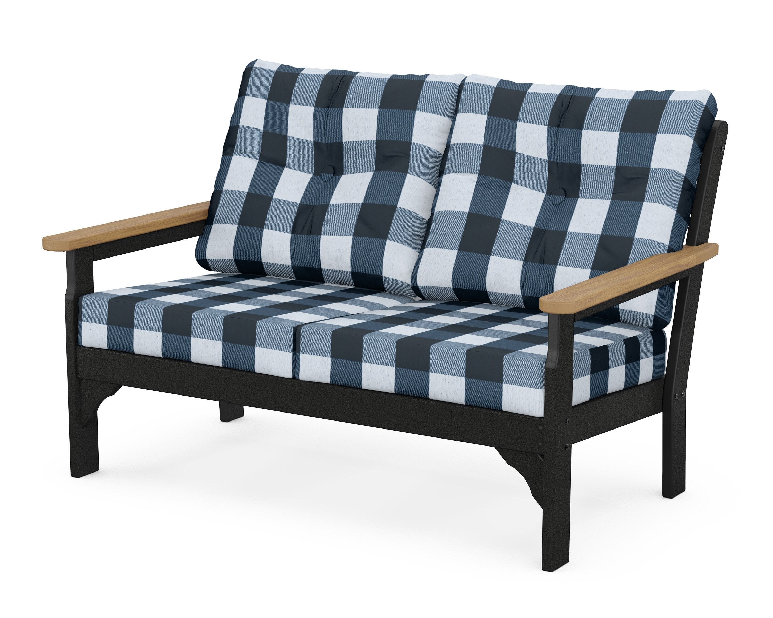 Vineyard Deep Seating Loveseat in Black / Natural / Buffalo Plaid Marine Indigo
