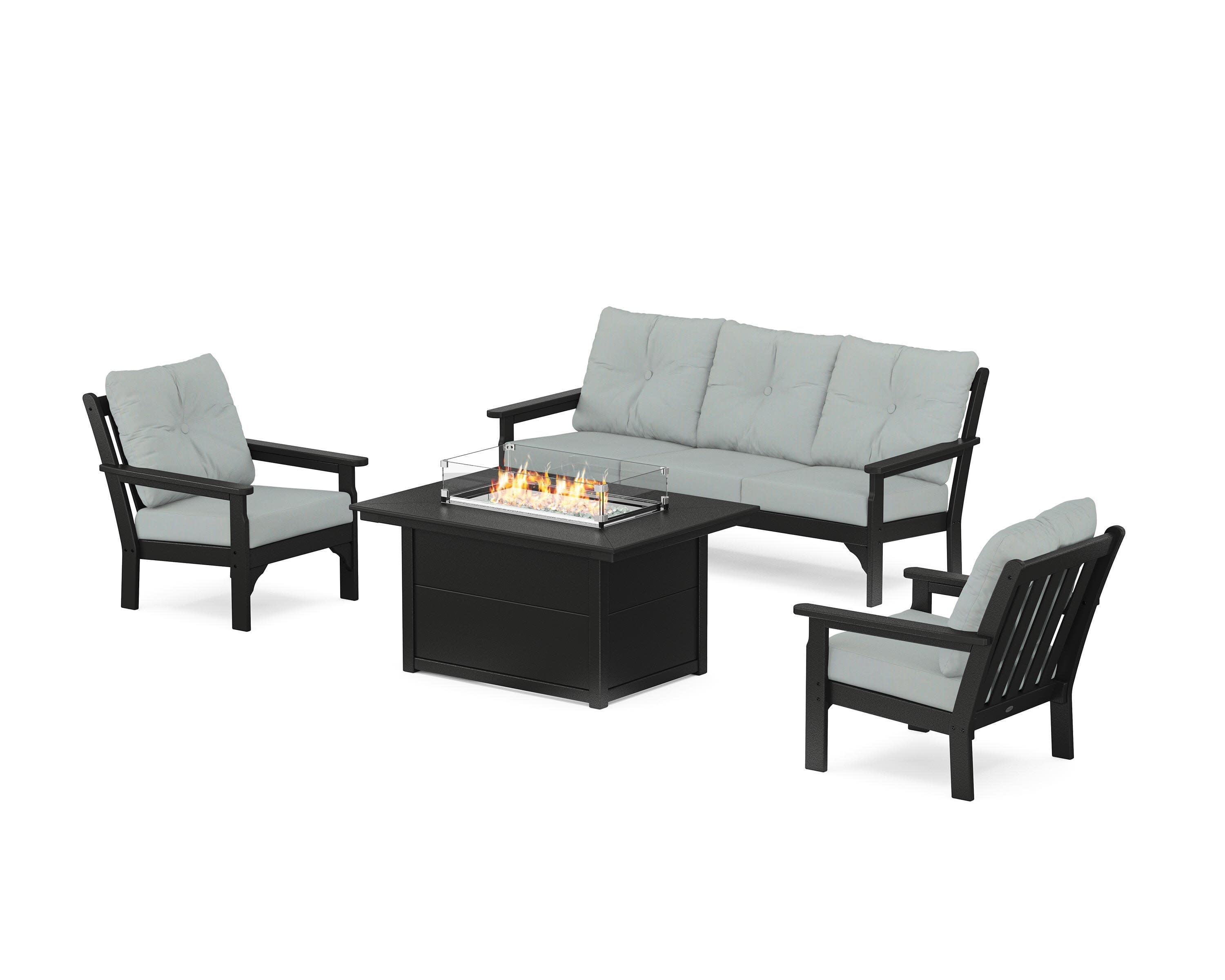 Vineyard Deep Seating Fire Pit Table Set in Black / Spa