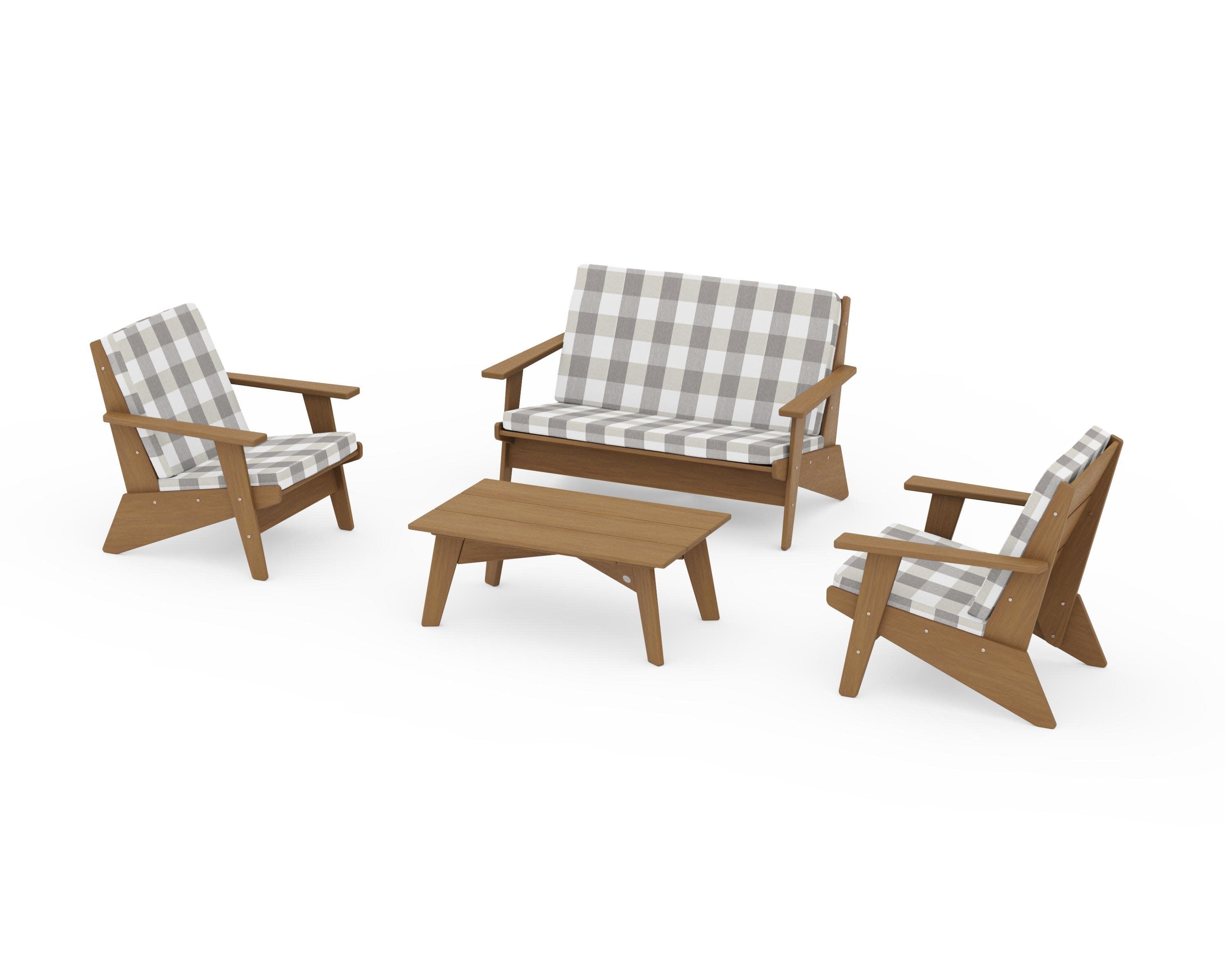 Riviera Modern Lounge 4-Piece Set in Natural / Buffalo Plaid Grey Mist