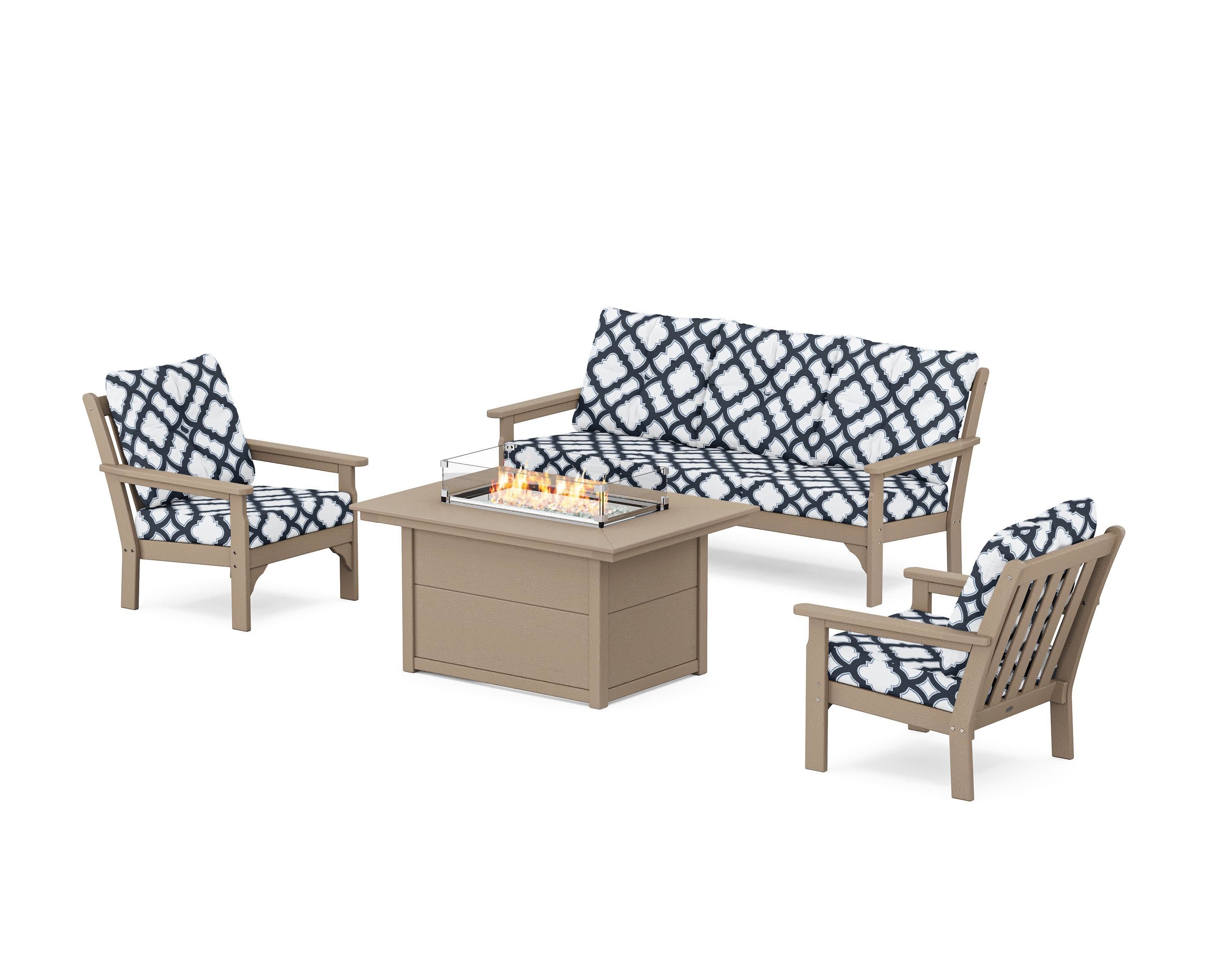 Vineyard Deep Seating Fire Pit Table Set in Vintage Sahara / Trellis Marine Indigo