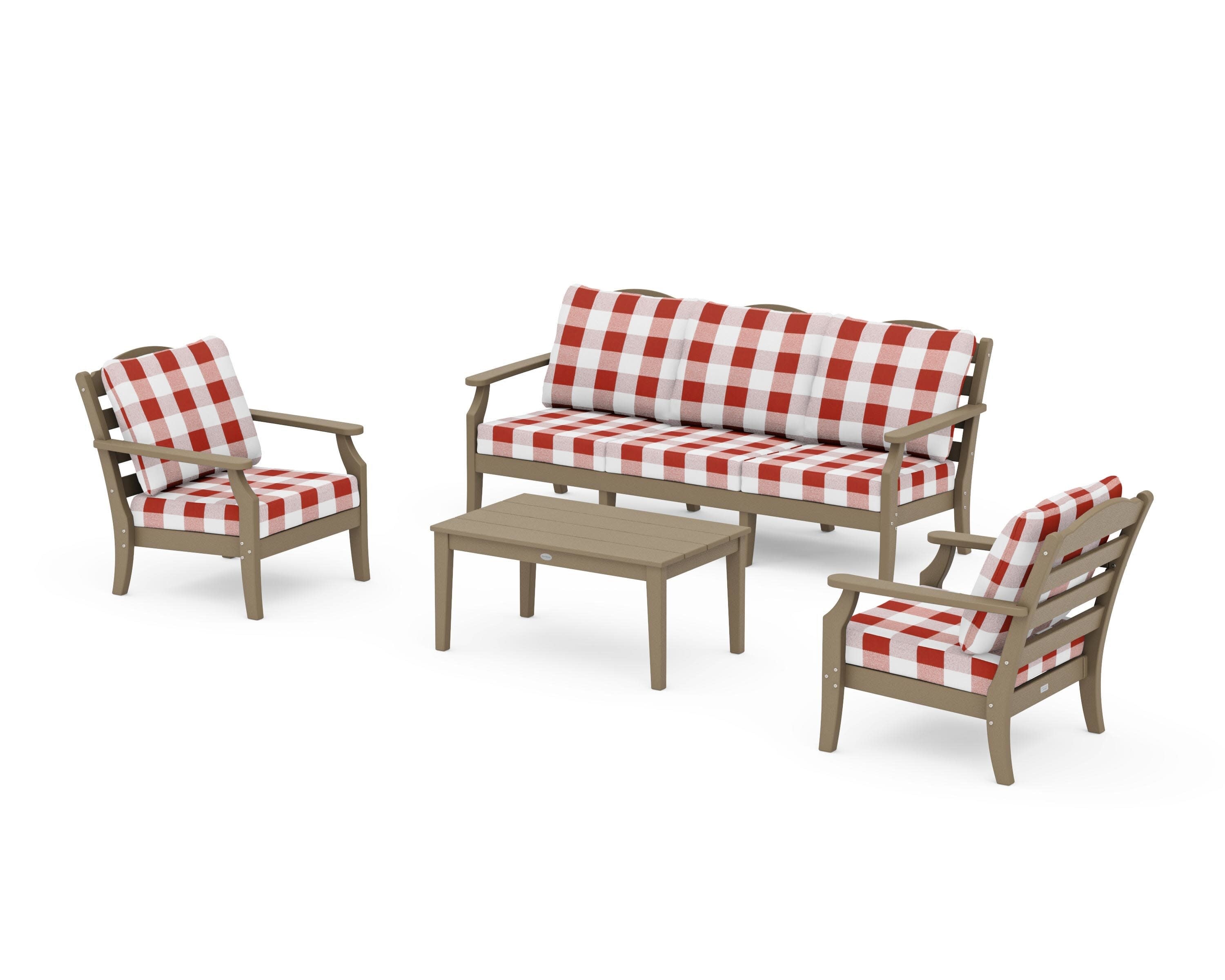 Savannah 4-Piece Deep Seating Set with Sofa in Vintage Sahara / Buffalo Plaid Crimson