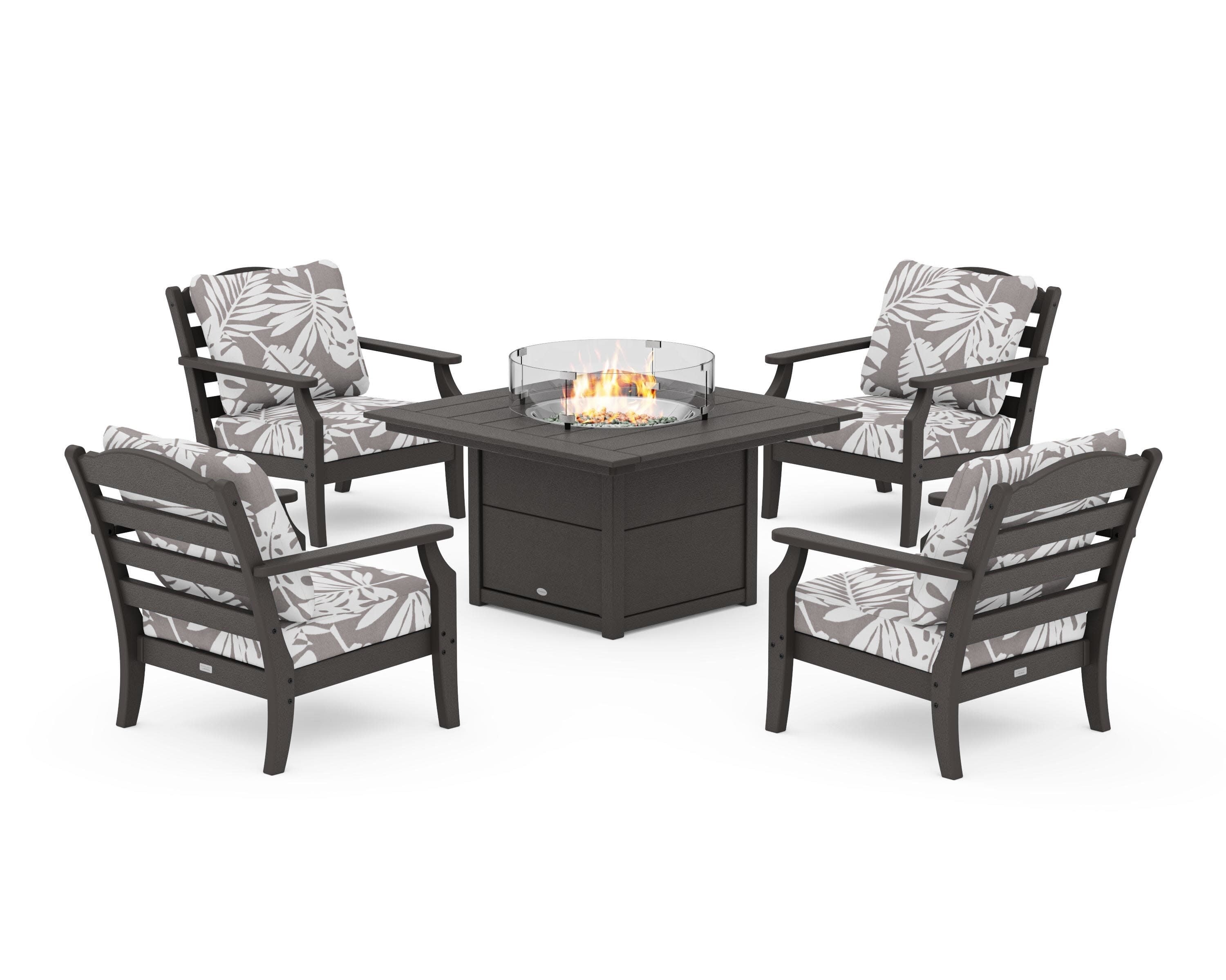 Savannah 5-Piece Deep Seating Set with Fire Pit Table in Vintage Coffee / Leaf Grey Mist