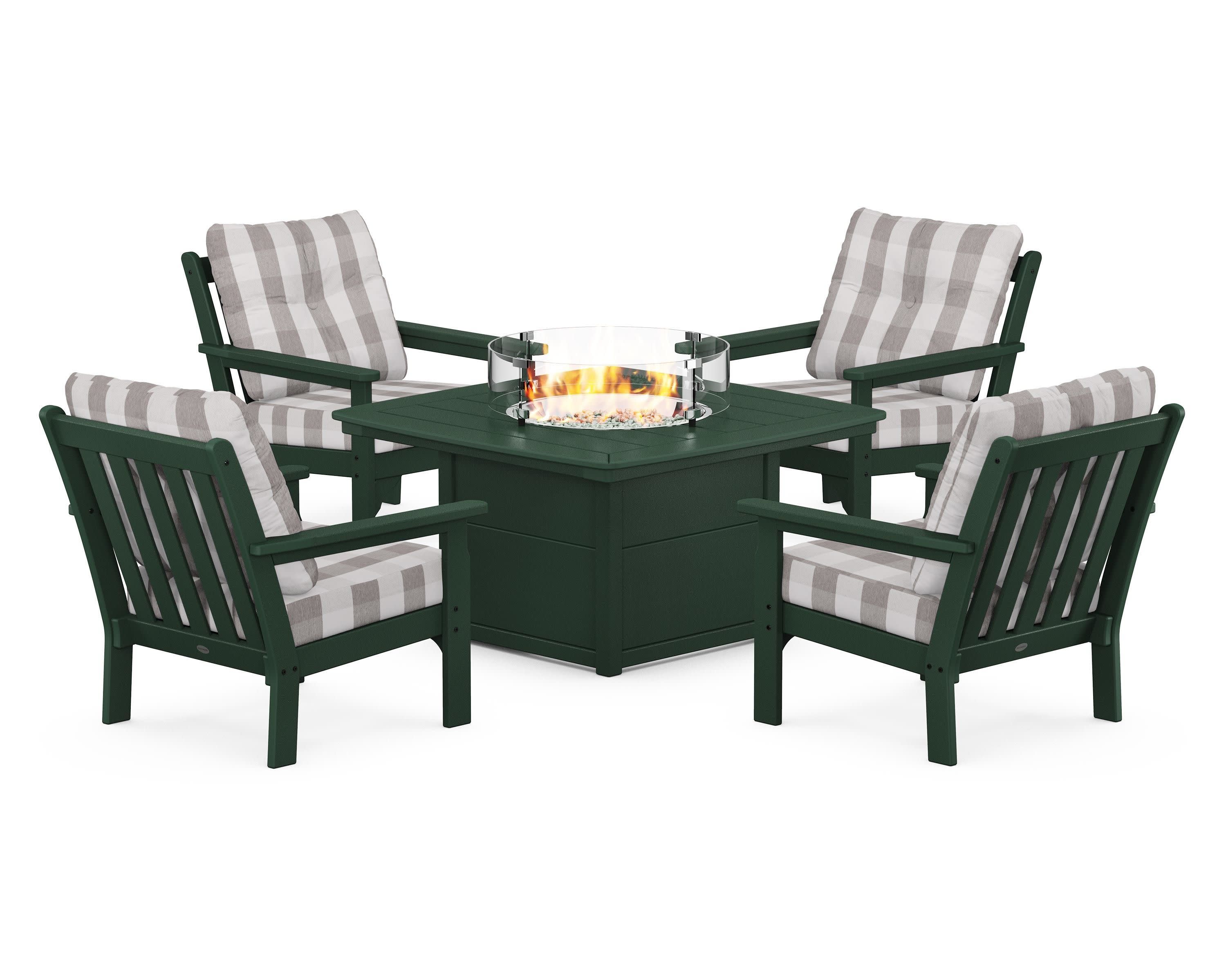 Vineyard 5-Piece Conversation Set with Fire Pit Table in Green / Buffalo Plaid Grey Mist