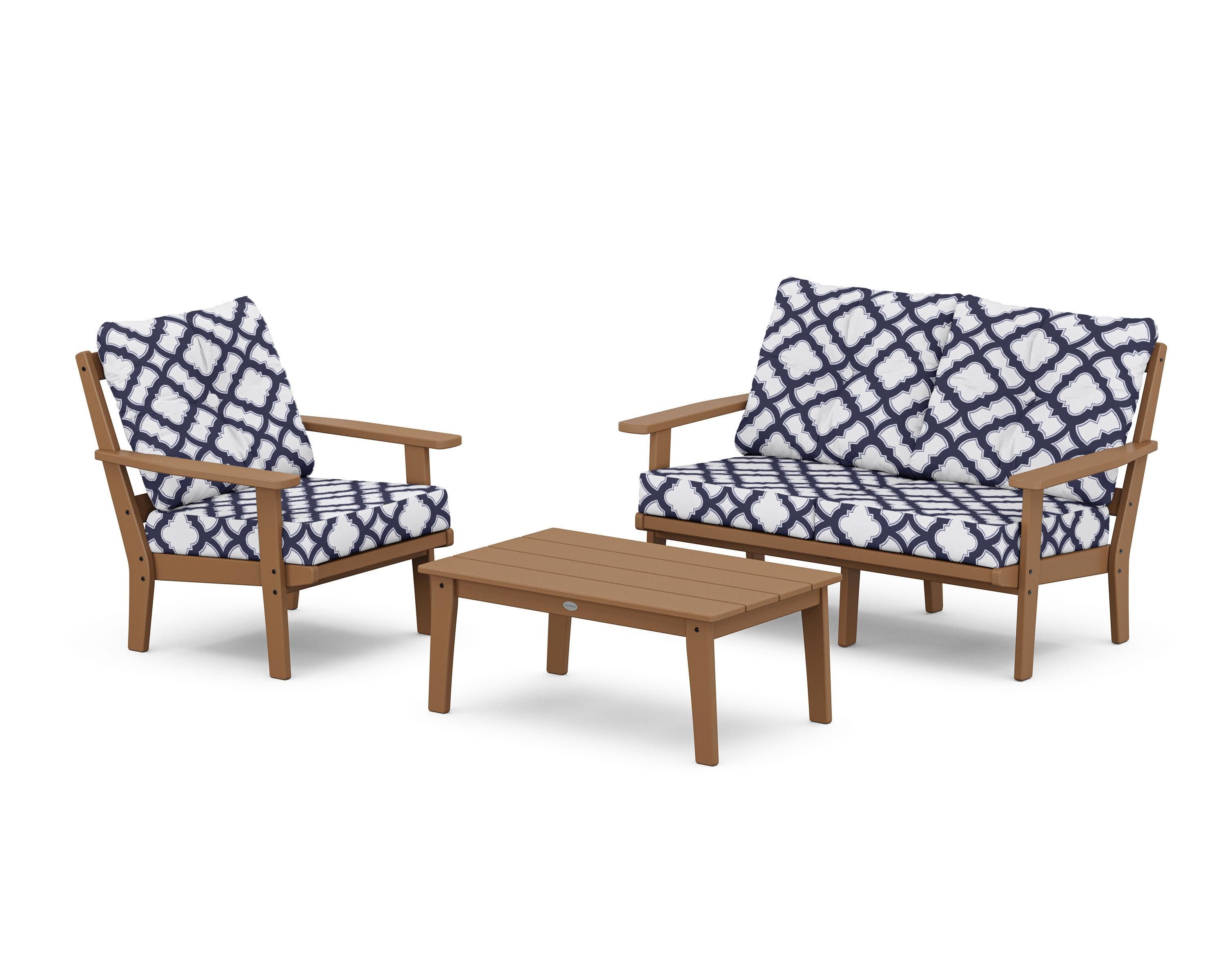 Prairie 3-Piece Deep Seating Set with Loveseat in Teak / Trellis Navy