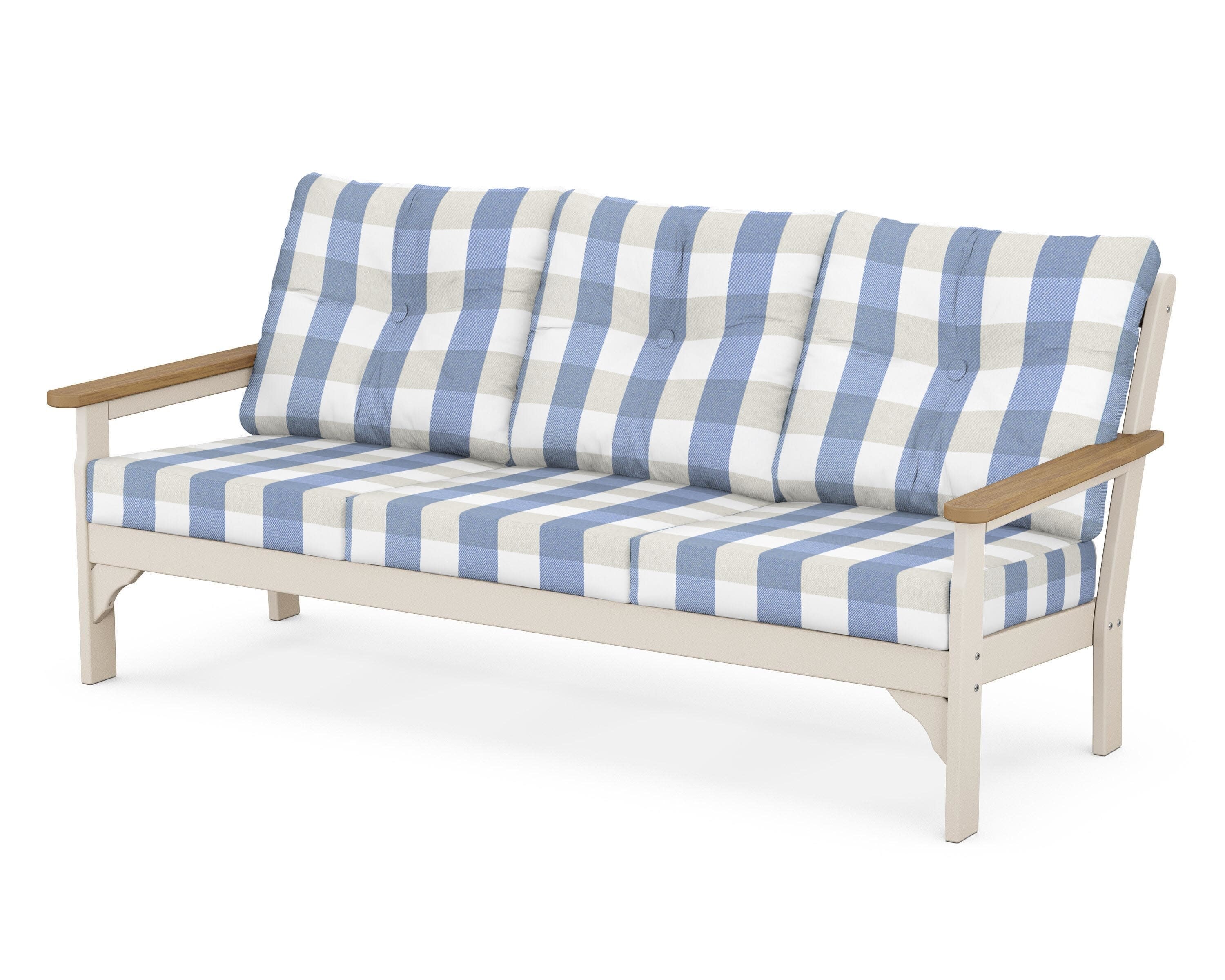 Vineyard Deep Seating Sofa in Sand / Natural / Buffalo Plaid Sky Blue
