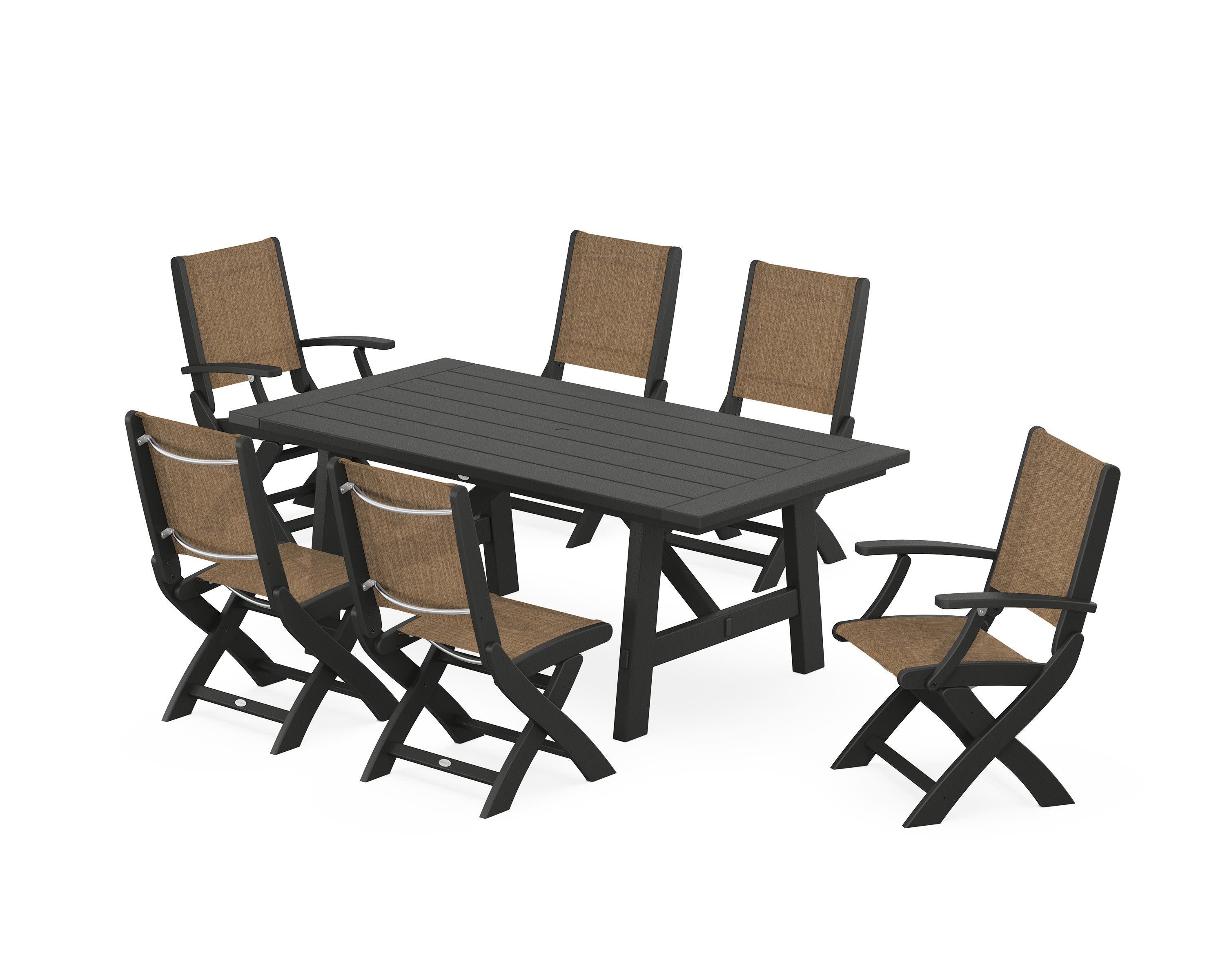 Coastal Folding Chair 7-Piece Rustic Farmhouse Dining Set in Black / Burlap Sling