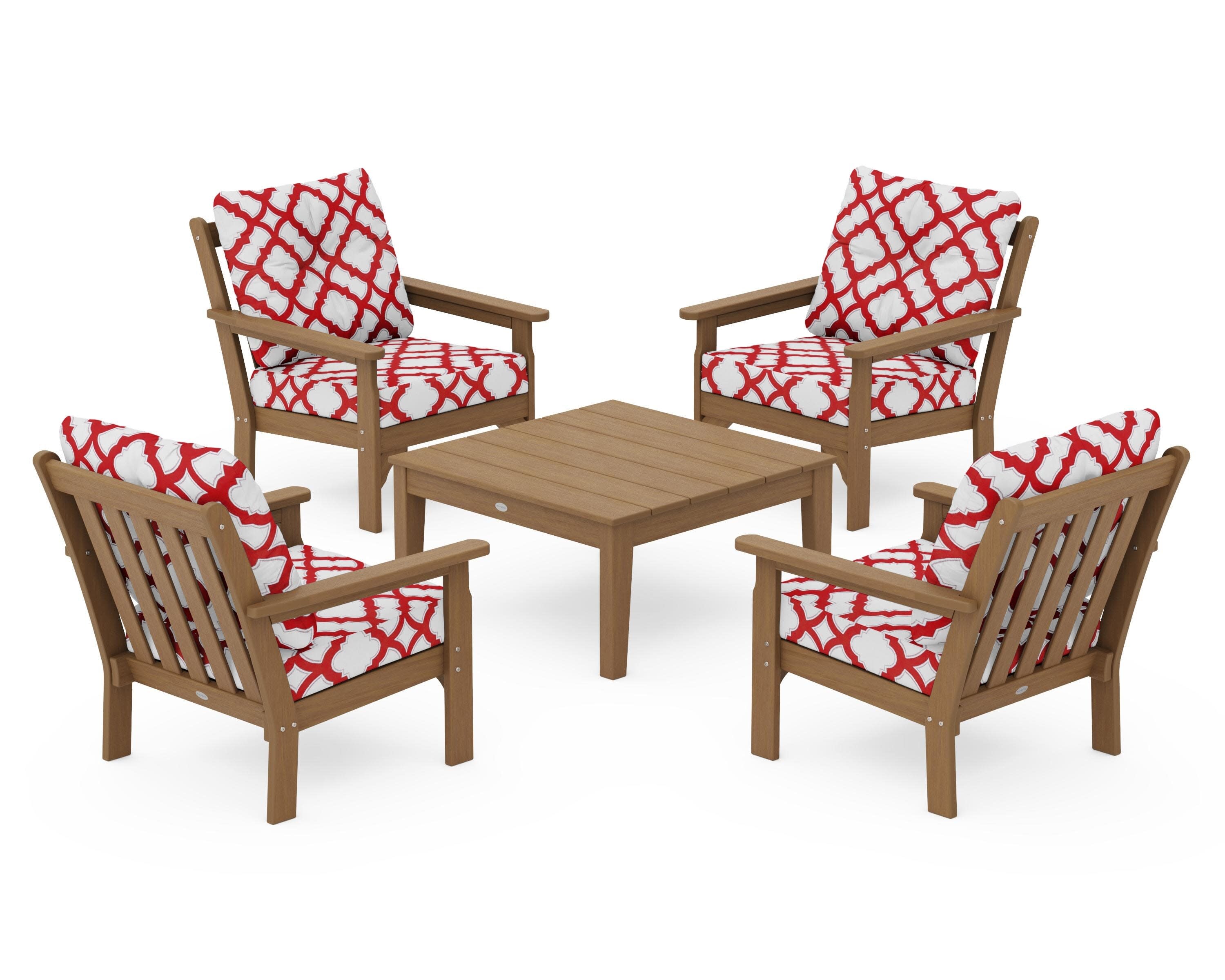 Vineyard 5-Piece Deep Seating Conversation Set in Natural / Trellis Crimson