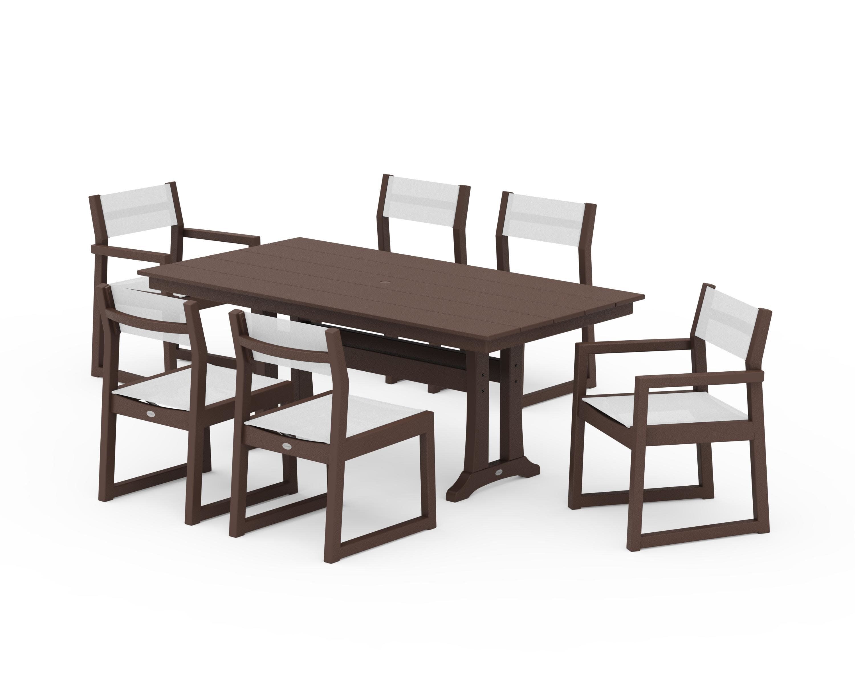 EDGE Sling 7-Piece Farmhouse Trestle Dining Set in Mahogany / White Sling