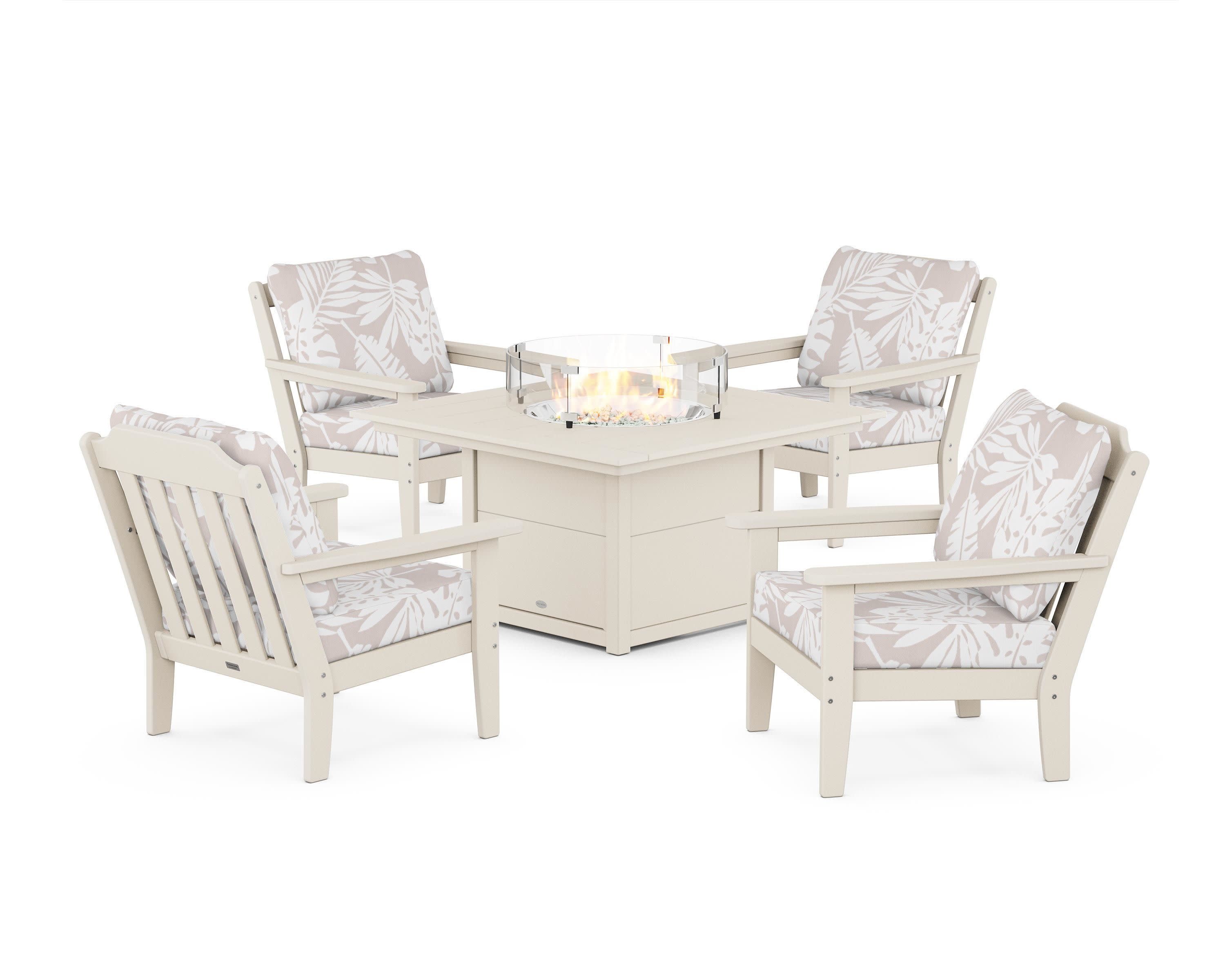 Cottage 5-Piece Deep Seating Set with Fire Pit Table in Sand / Leaf Dune Burlap