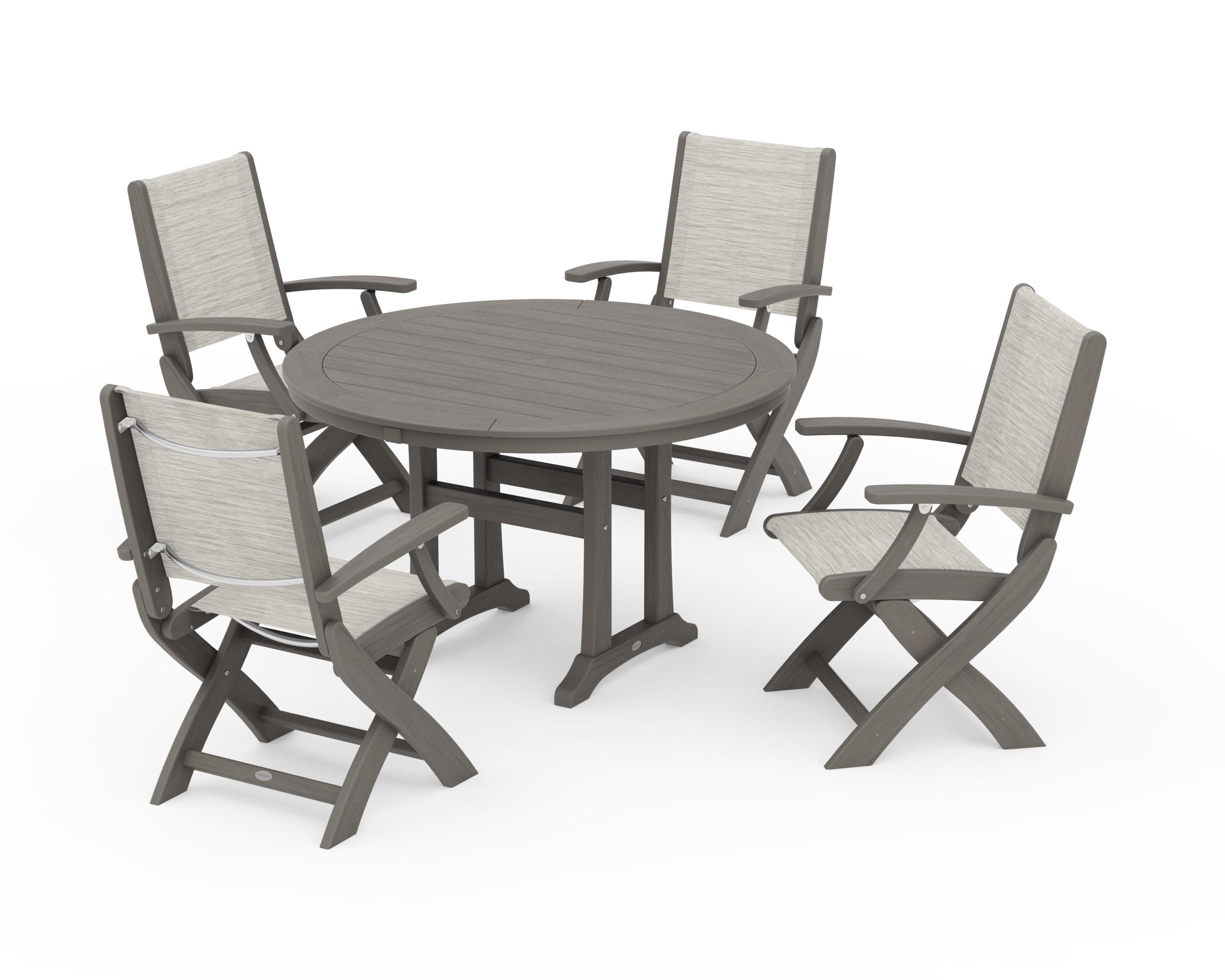 Coastal Folding Chair 5-Piece Round Dining Set with Trestle Legs in Driftwood / Birch Sling