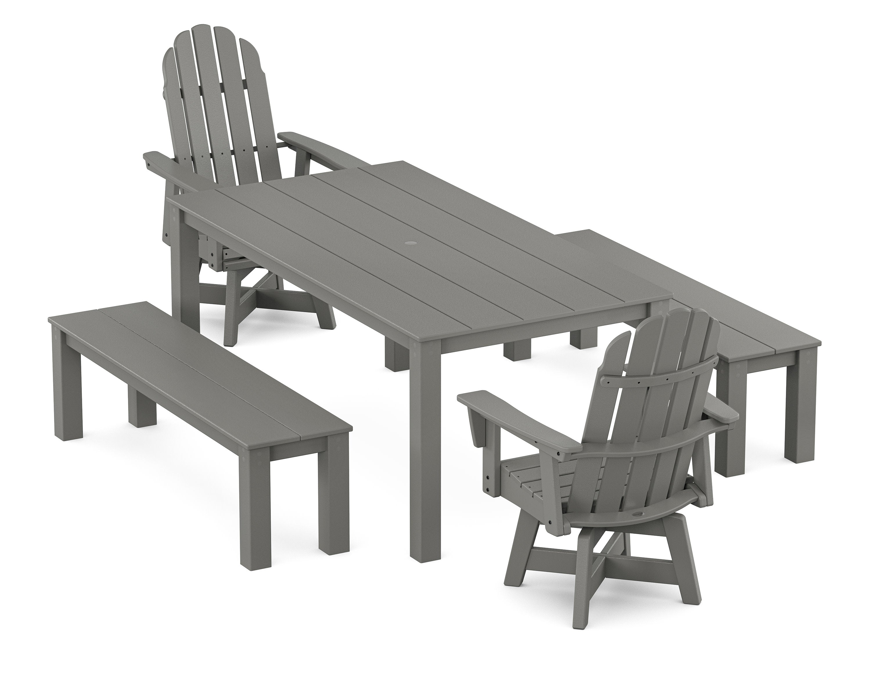 Vineyard Curveback Adirondack 5-Piece Parsons Swivel Dining Set with Benches in Slate Grey