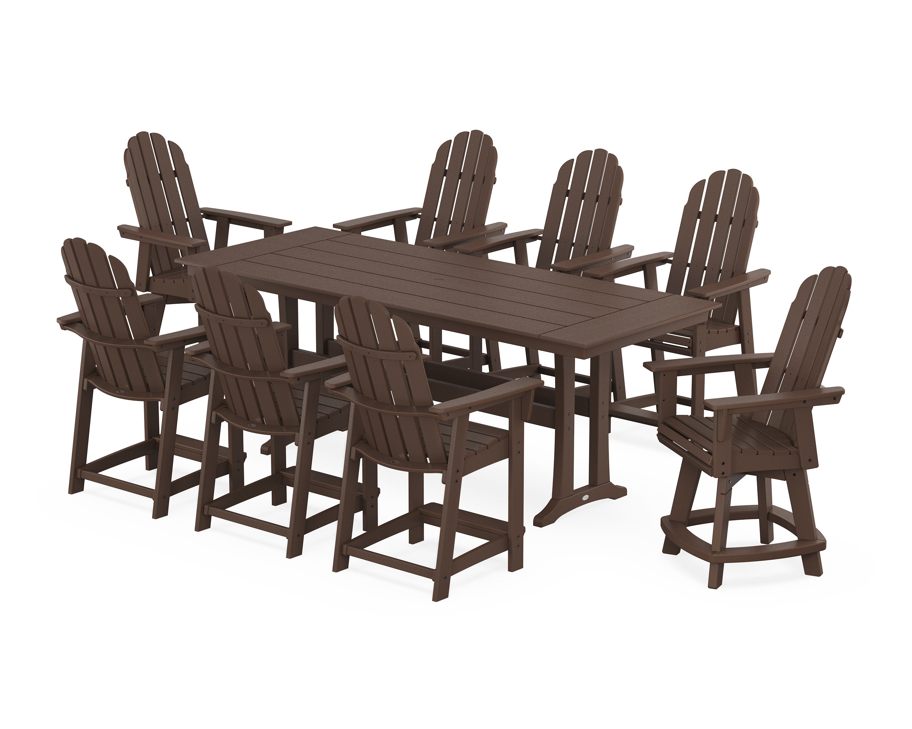 Vineyard Curveback Adirondack Swivel 9-Piece Farmhouse Counter Set with Trestle Legs in Mahogany