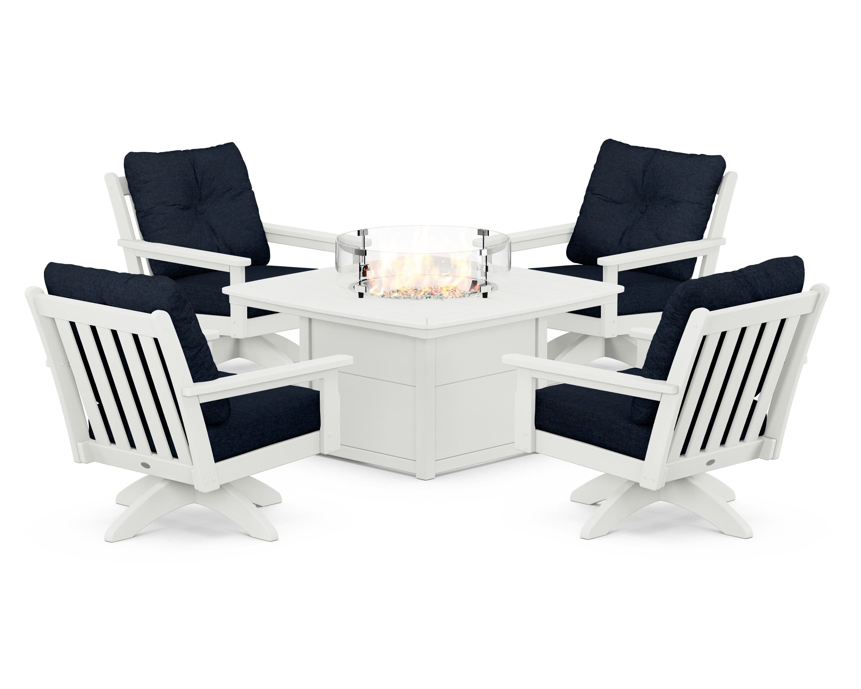 Vineyard 5-Piece Deep Seating Swivel Conversation Set with Fire Pit Table in Vintage White / Marine Indigo