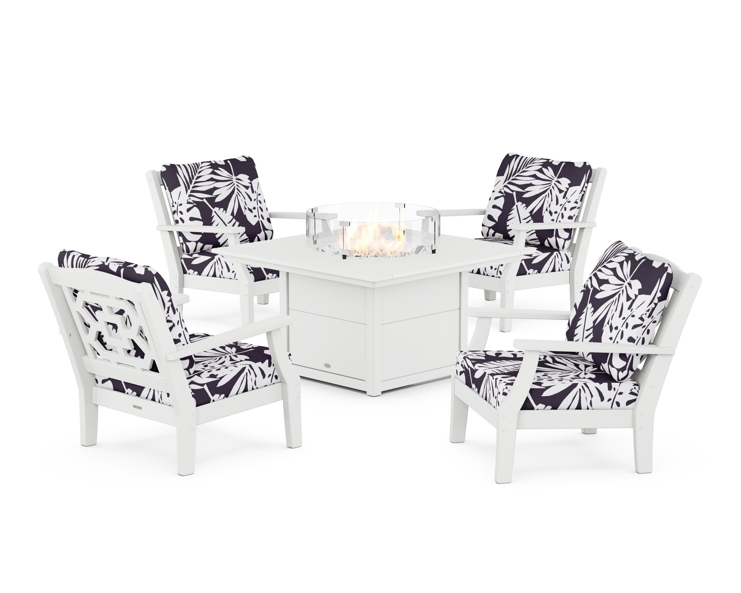 Chinoiserie 5-Piece Deep Seating Set with Fire Pit Table in White / Leaf Navy