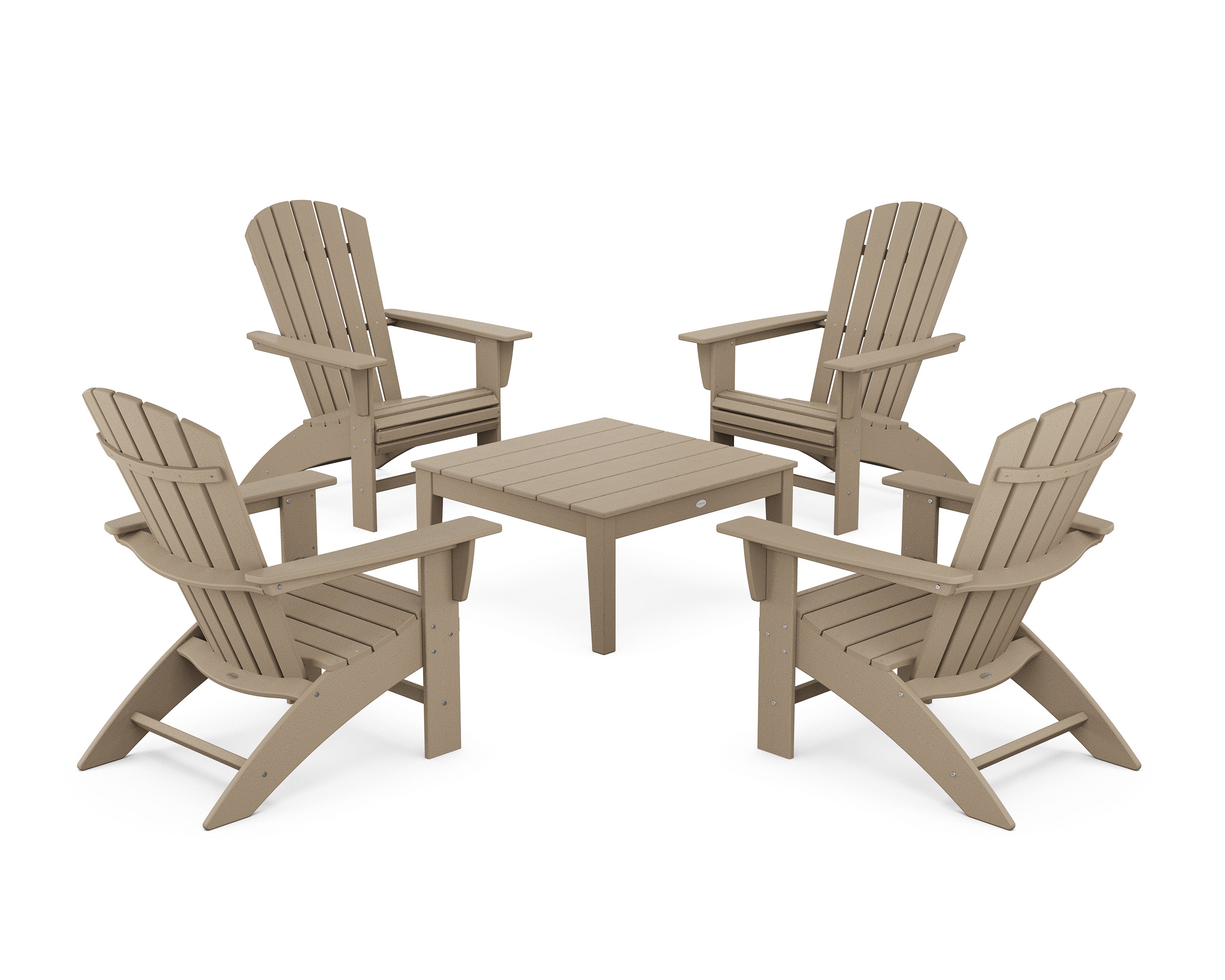 5-Piece Nautical Curveback Adirondack Chair Conversation Set with 36" Conversation Table in Vintage Sahara