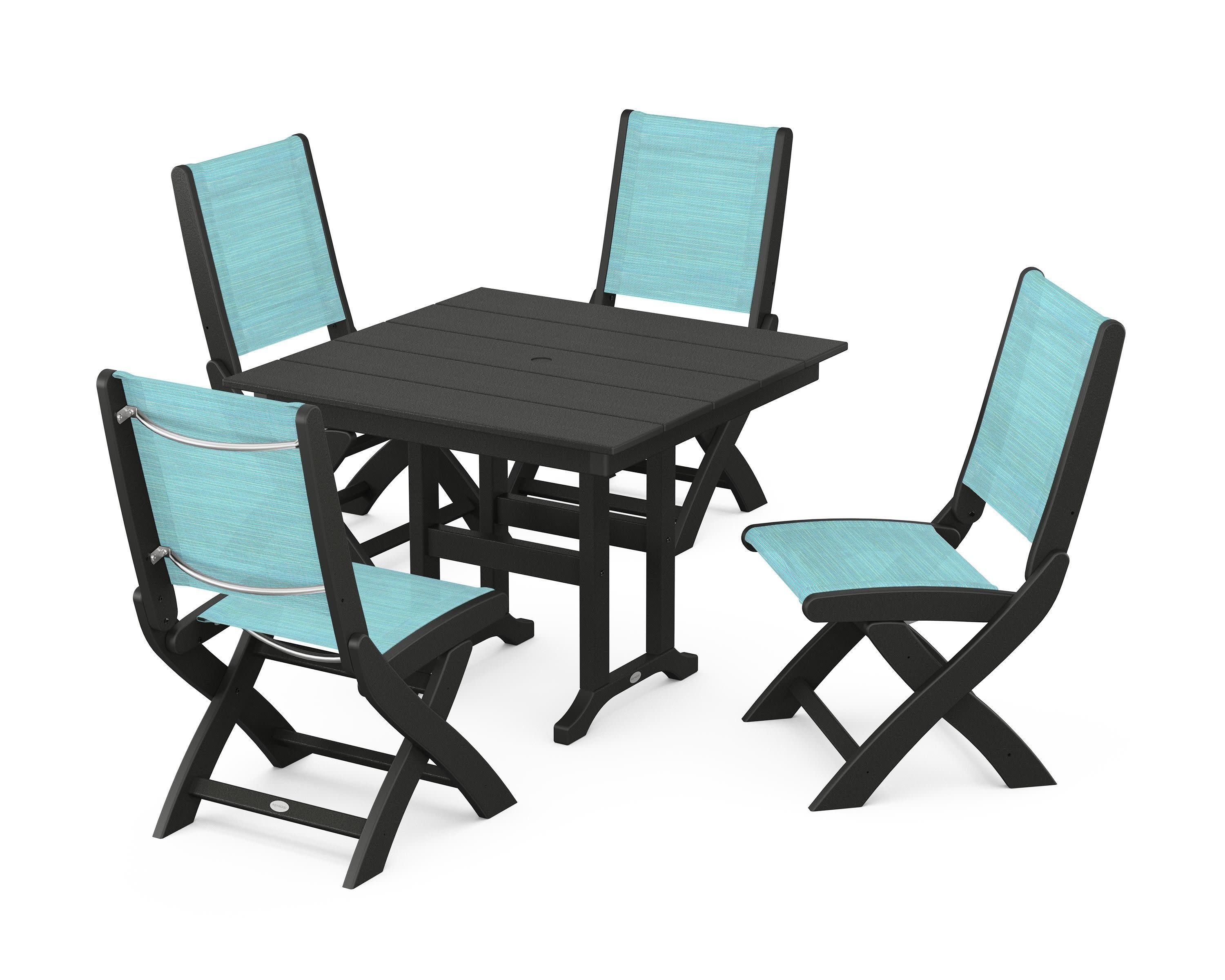 Coastal Folding Side Chair 5-Piece Farmhouse Dining Set in Black / Dupioni Aquamarine Sling