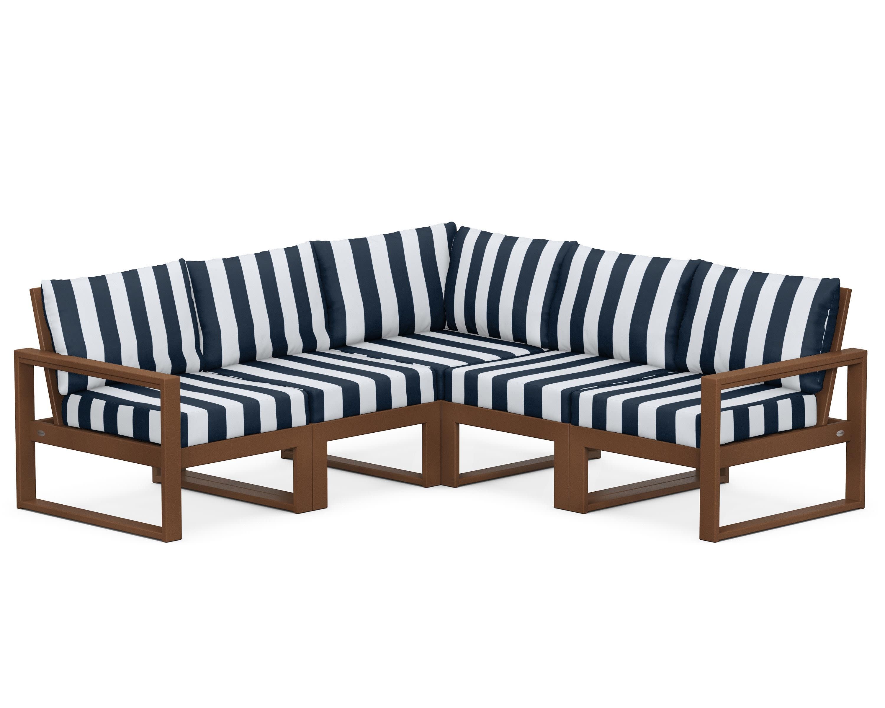 EDGE 5-Piece Modular Deep Seating Set in Teak / Cabana Stripe Marine Indigo