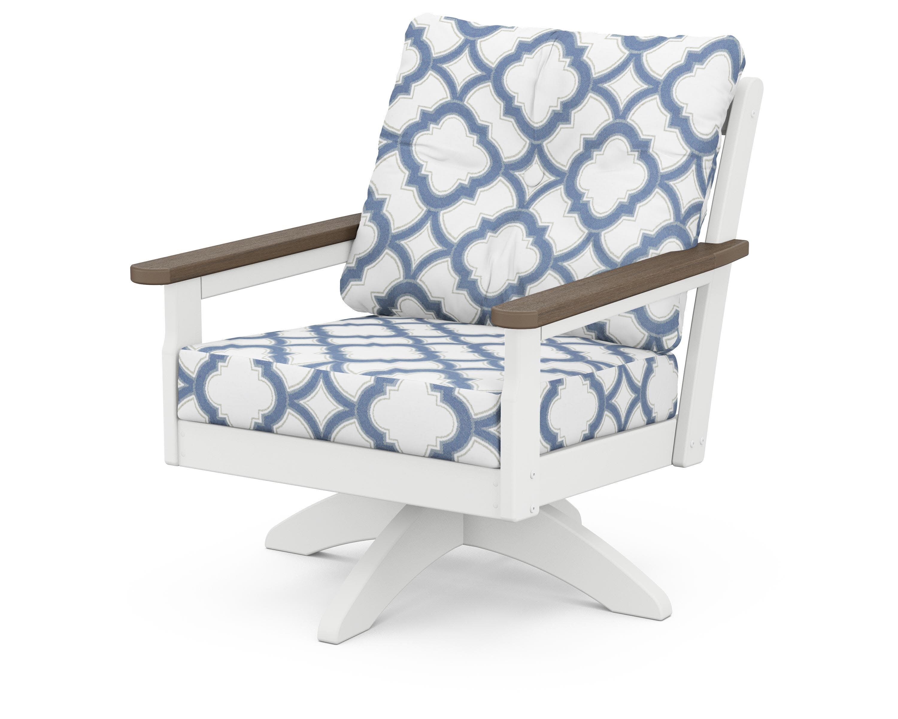 Vineyard Deep Seating Swivel Chair in White / Kona / Trellis Sky Blue
