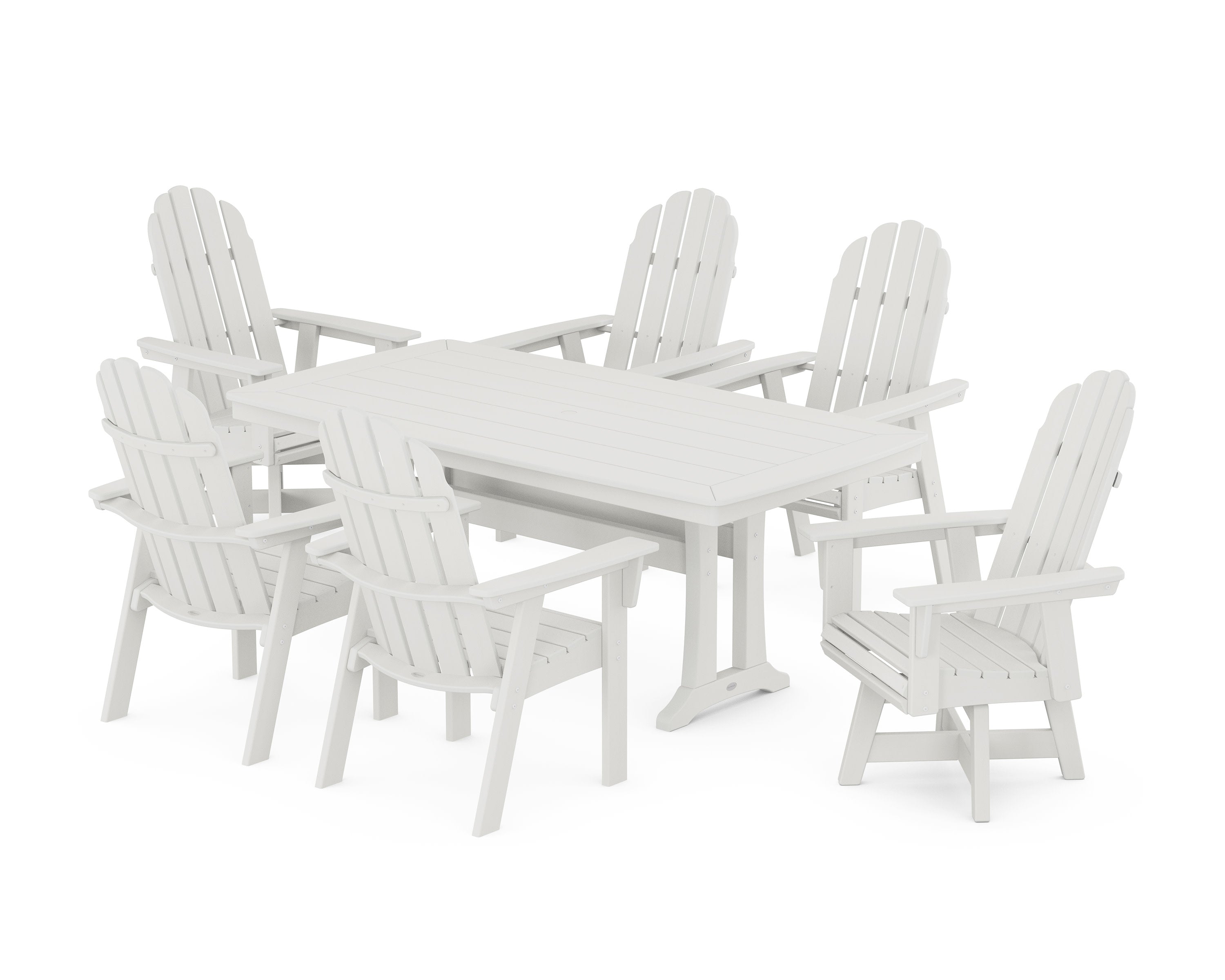 Vineyard Curveback Adirondack Swivel Chair 7-Piece Dining Set with Trestle Legs in Vintage White