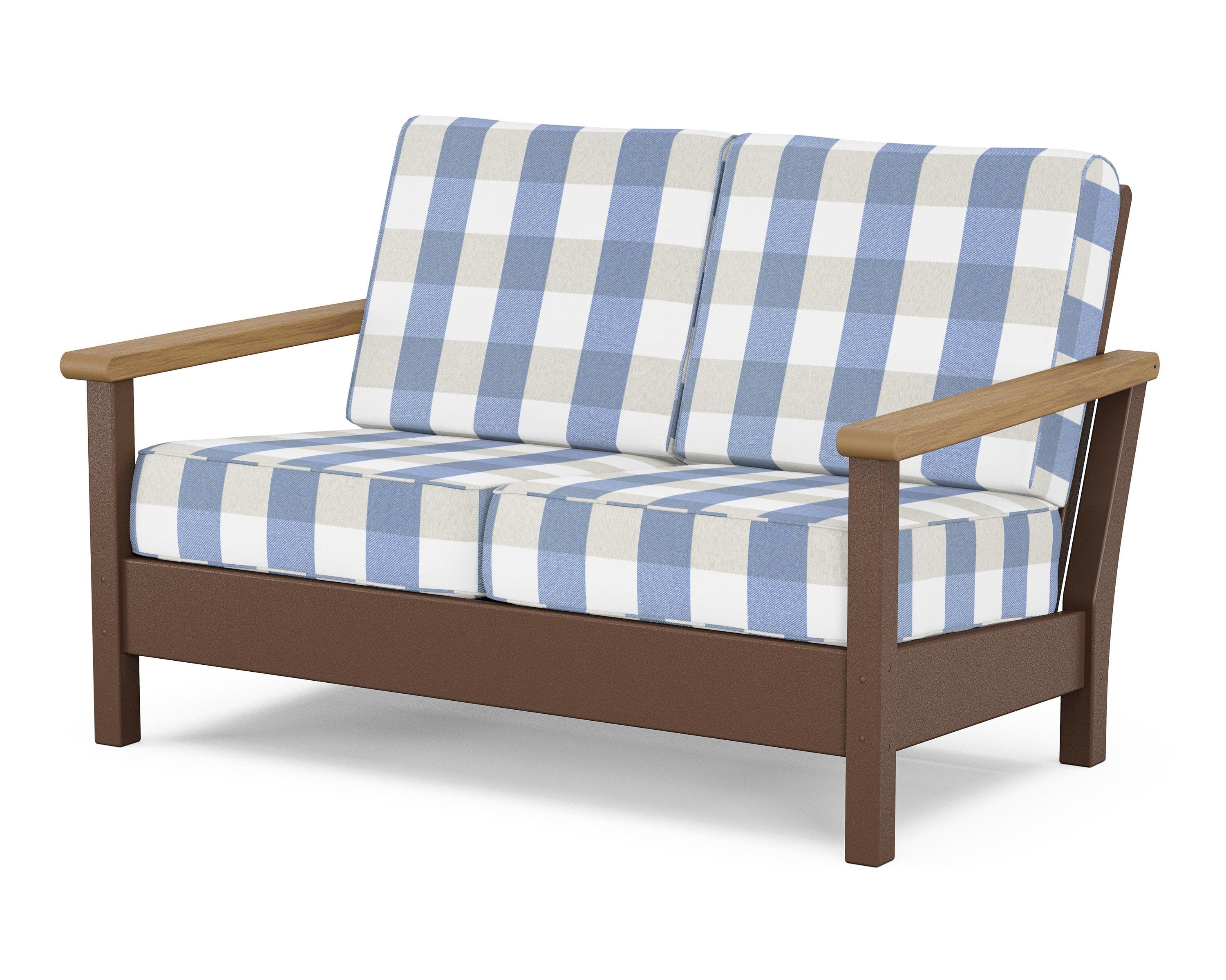 Harbour Deep Seating Loveseat in Mahogany / Natural / Buffalo Plaid Sky Blue