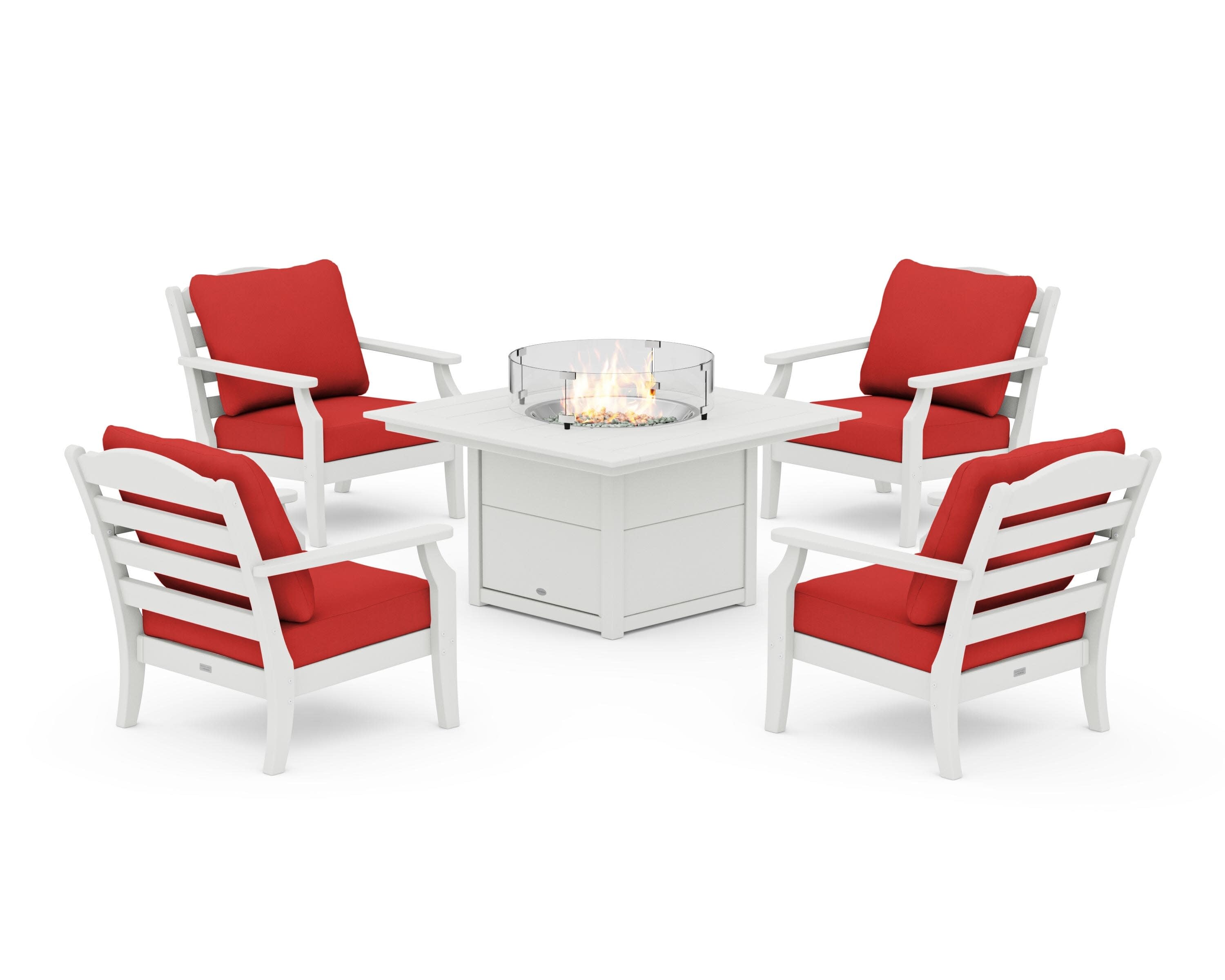 Savannah 5-Piece Deep Seating Set with Fire Pit Table in Vintage White / Crimson Linen