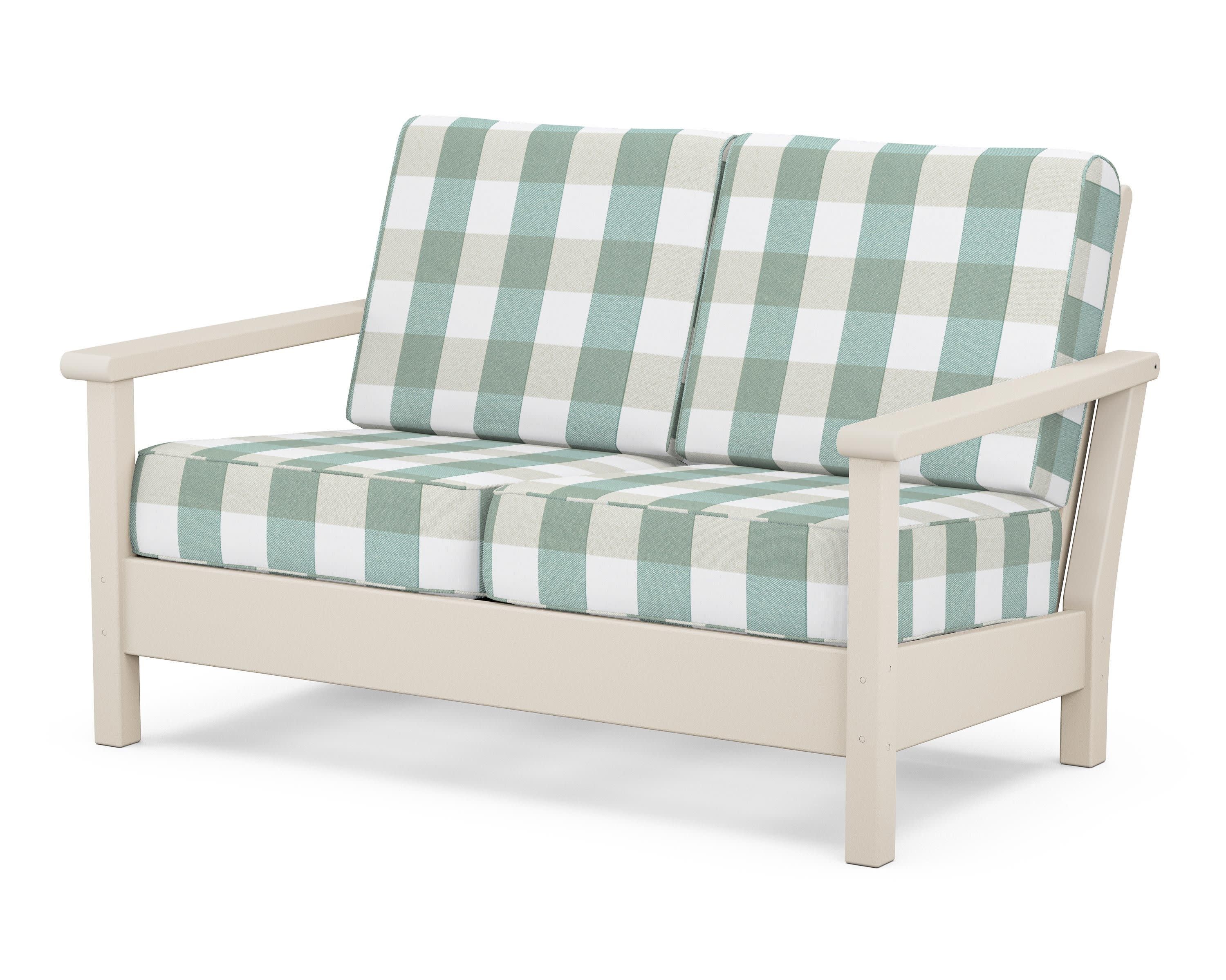 Harbour Deep Seating Loveseat in Sand / Buffalo Plaid Glacier Spa