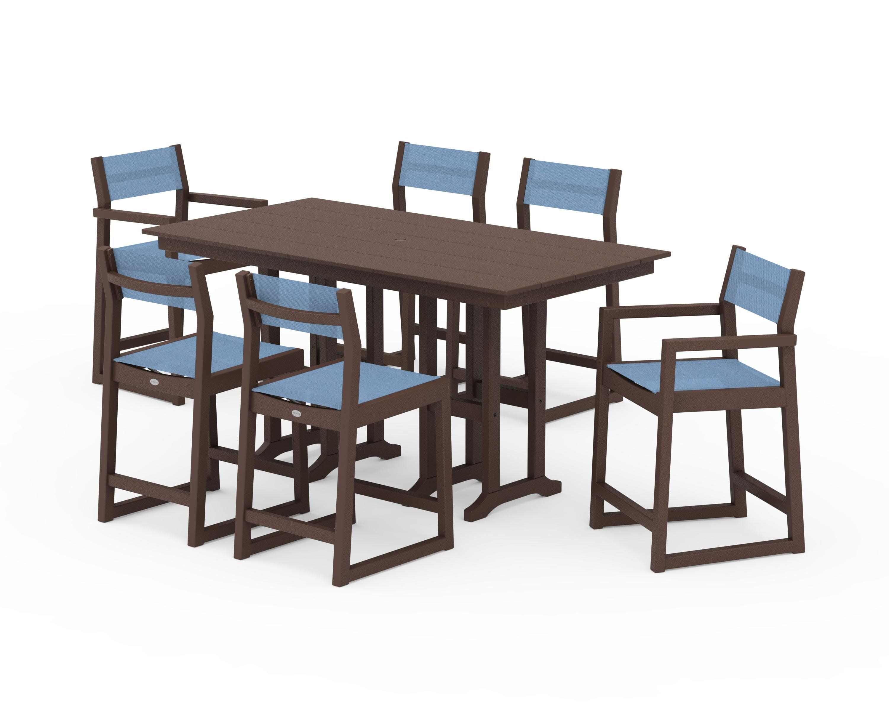 EDGE Sling 7-Piece Farmhouse Counter Set with Trestle Legs in Mahogany / Poolside Sling