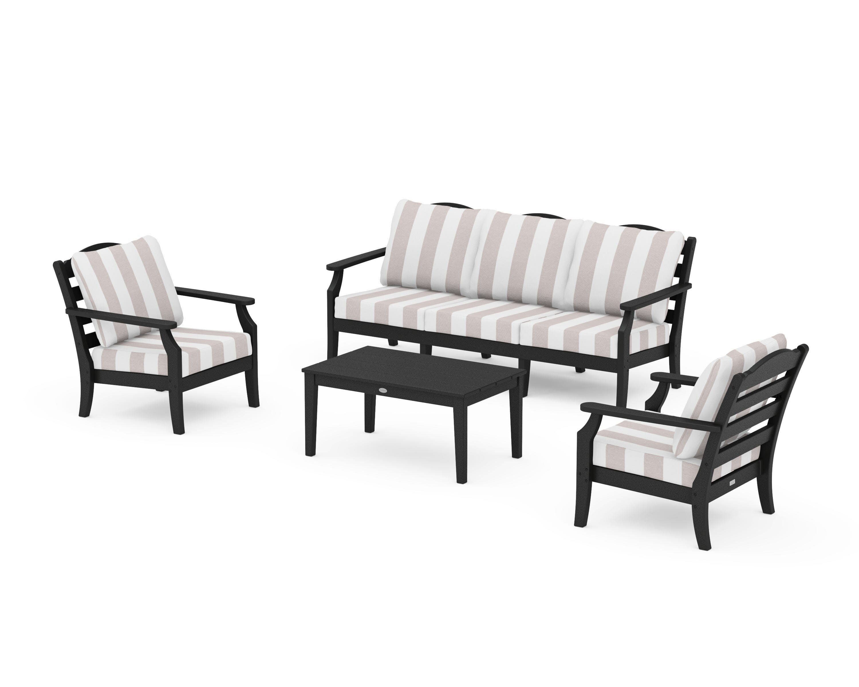 Savannah 4-Piece Deep Seating Set with Sofa in Black / Cabana Stripe Dune Burlap