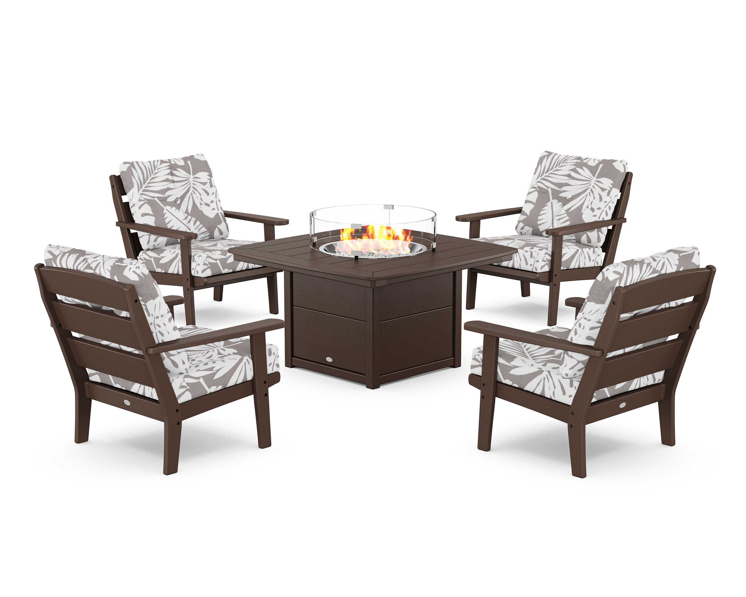 Lakeside 5-Piece Deep Seating Set with Nautical Fire Pit Table in Mahogany / Leaf Grey Mist