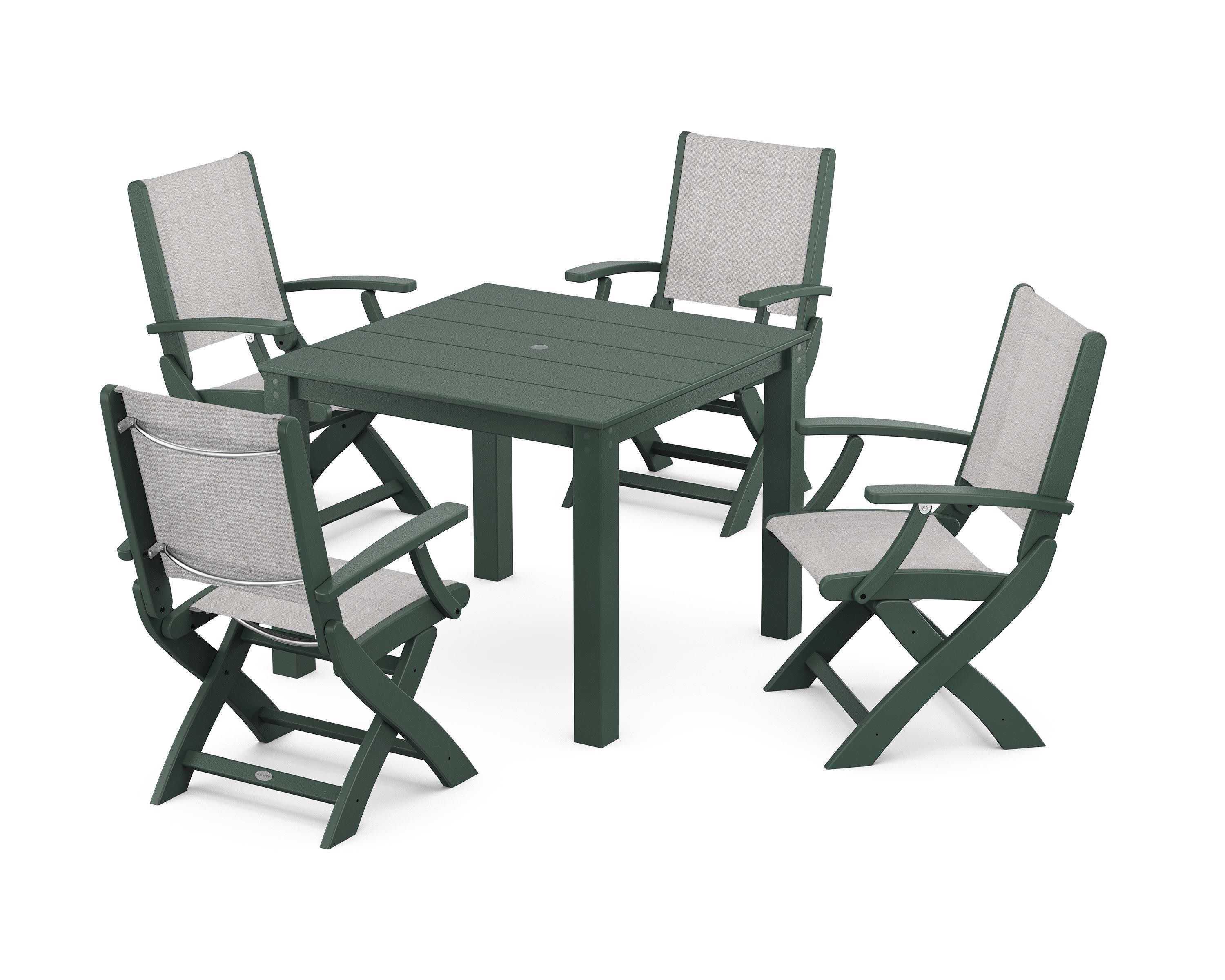 Coastal Folding Chair 5-Piece Parsons Dining Set in Green / Parchment Sling
