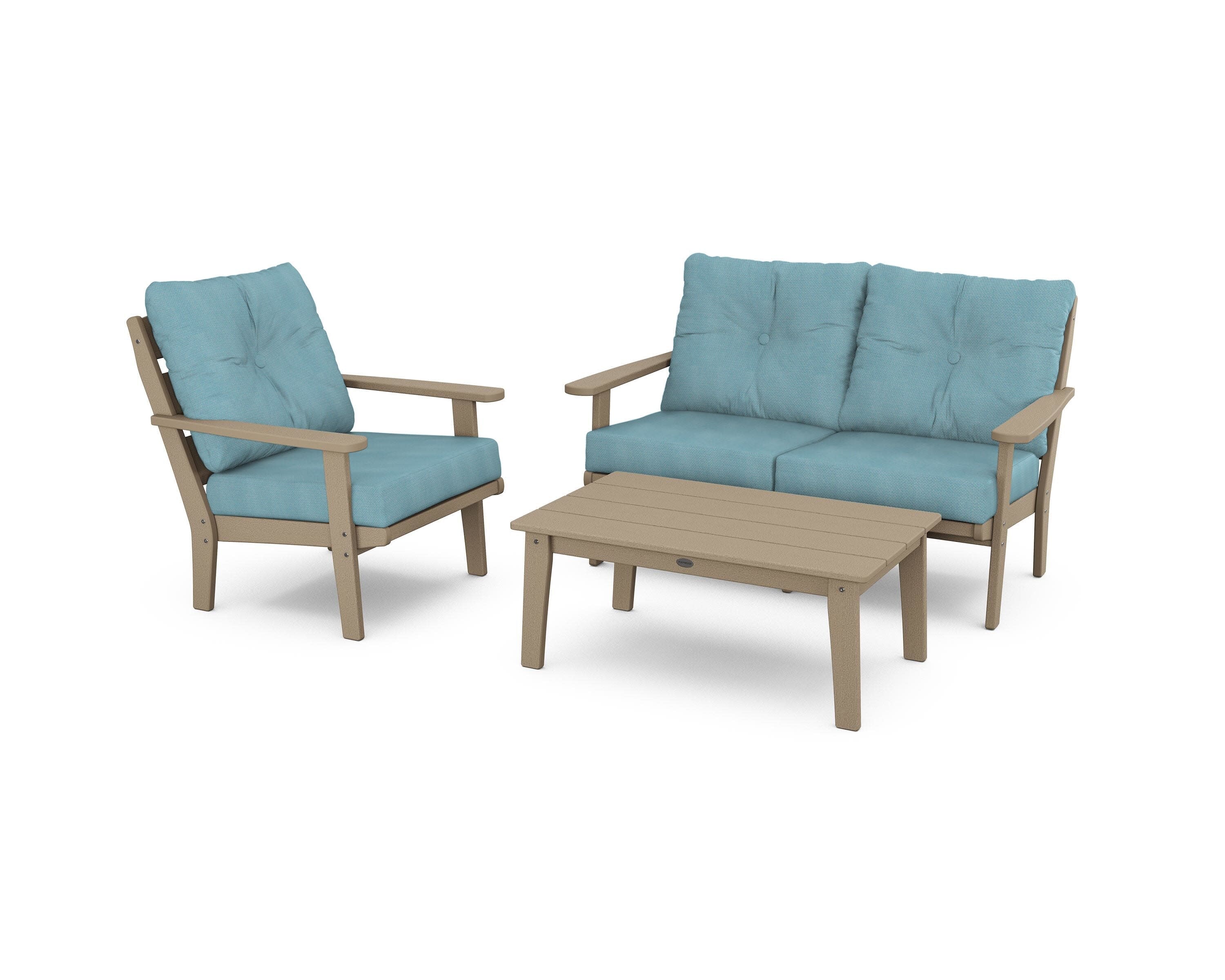 Lakeside 3-Piece Deep Seating Set in Vintage Sahara / Lattice Sky Blue