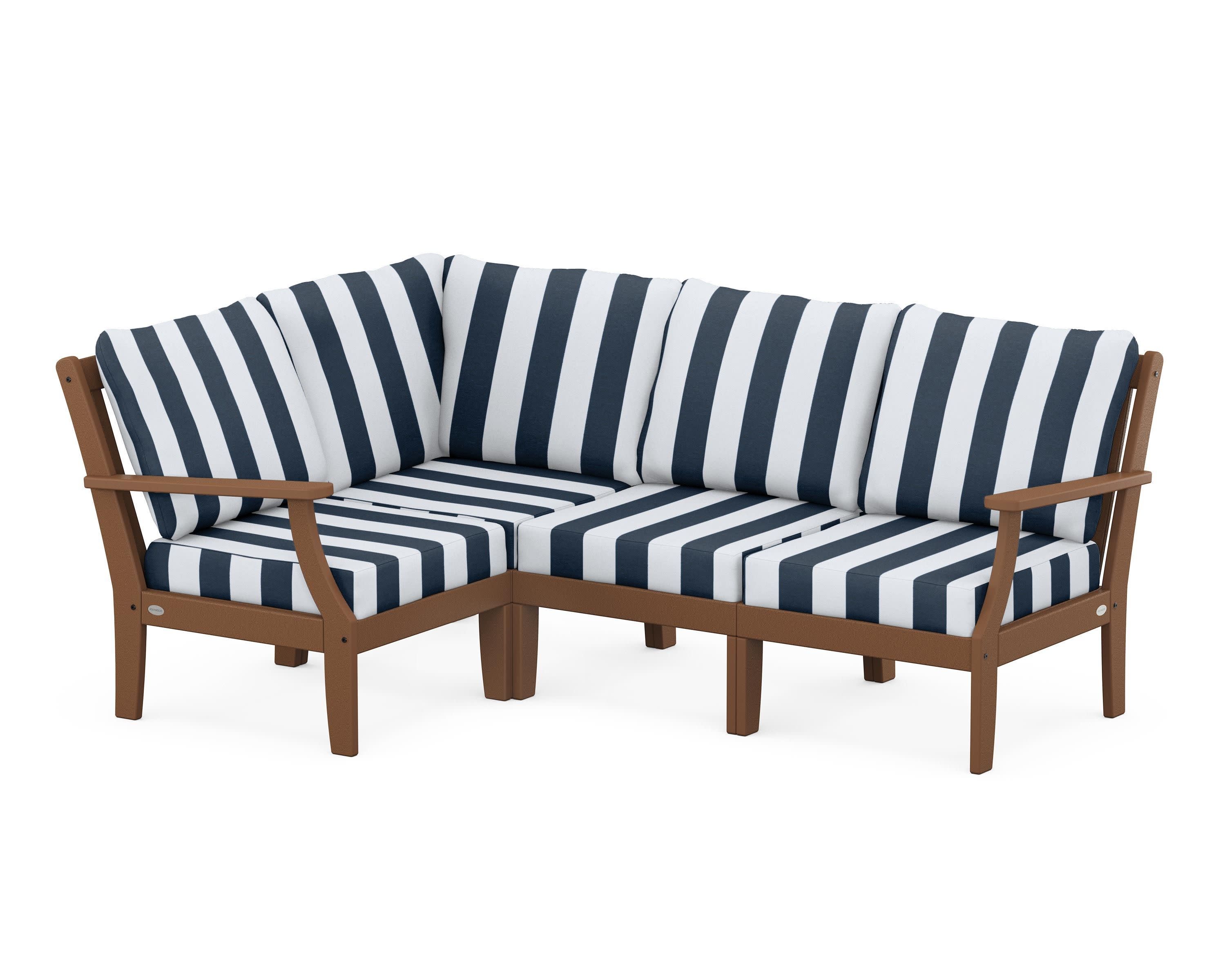 Braxton Modular 4-Piece Deep Seating Set in Teak / Cabana Stripe Marine Indigo