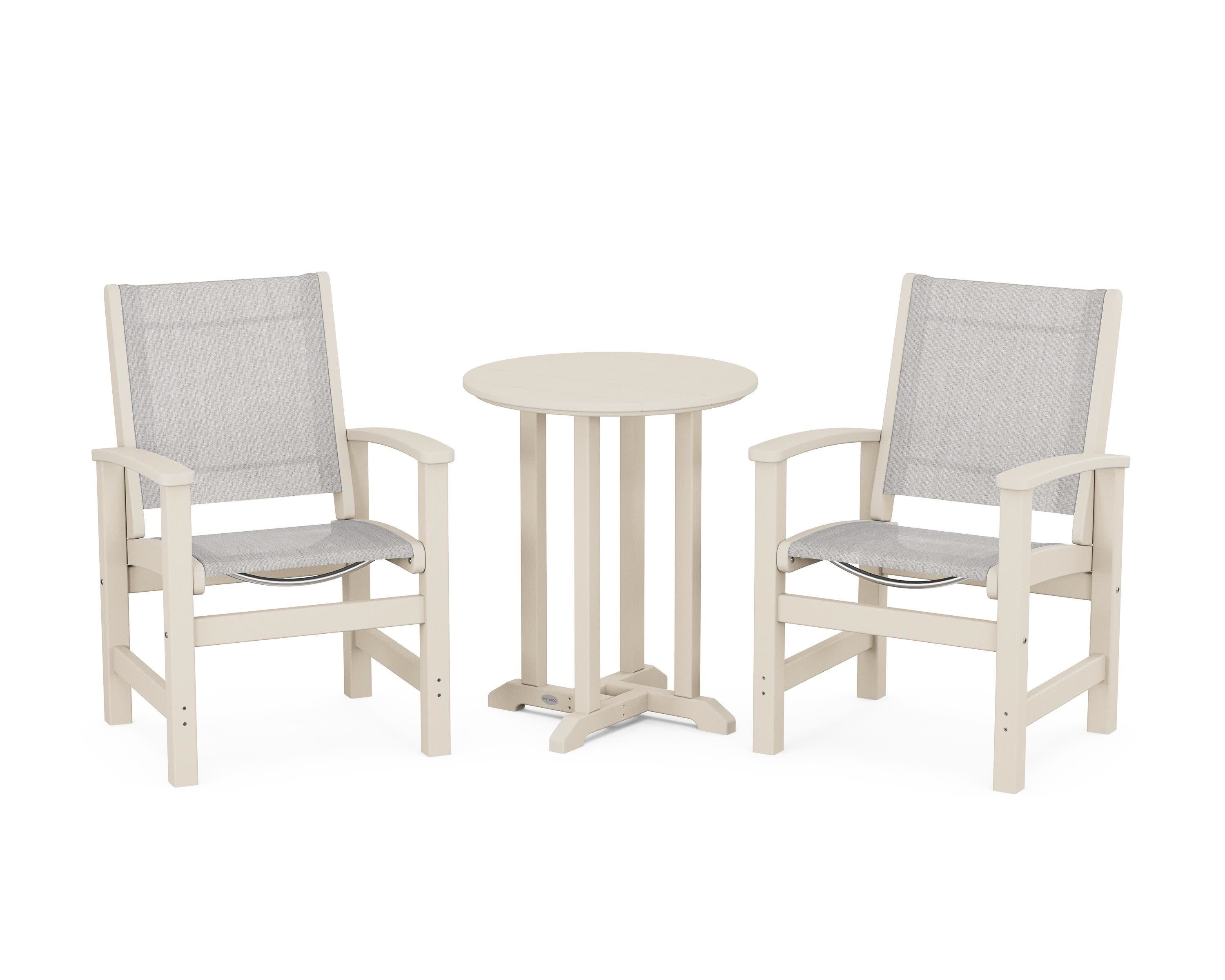 Coastal 3-Piece Round Bistro Dining Set in Sand / Parchment Sling