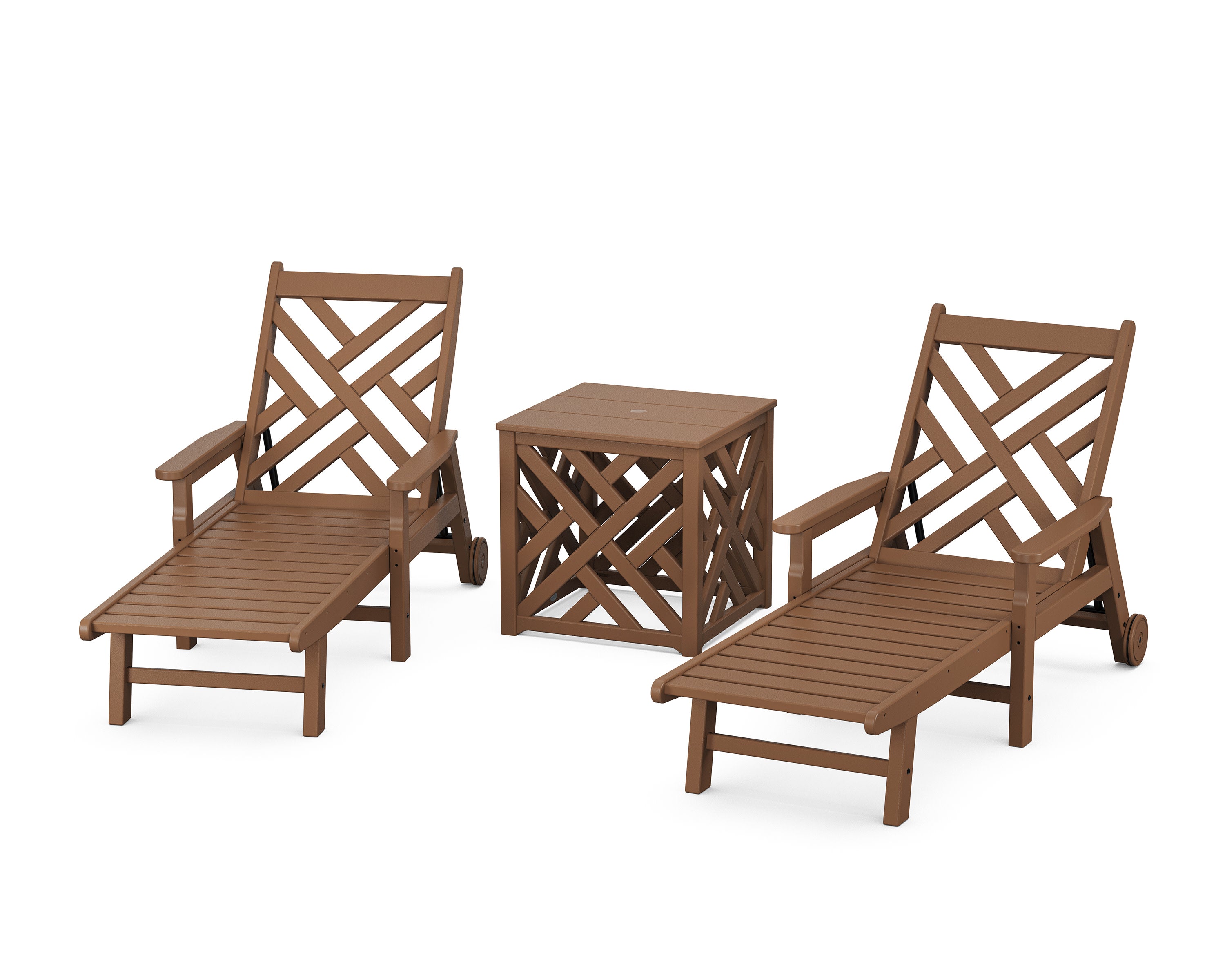 Chippendale 3-Piece Chaise Set with Umbrella Stand Accent Table in Teak