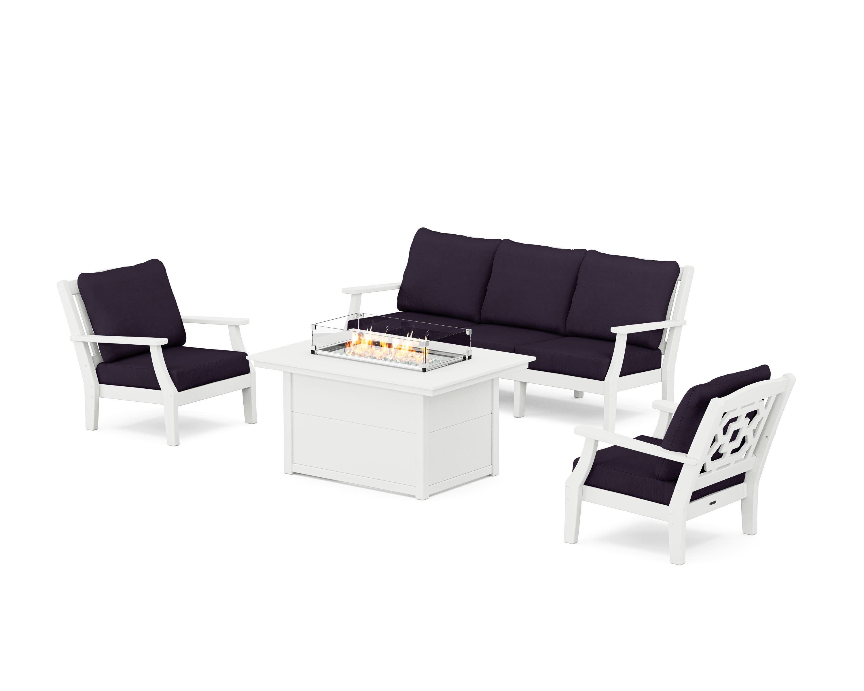 Chinoiserie Deep Seating Fire Pit Table Set in White / Navy Linen