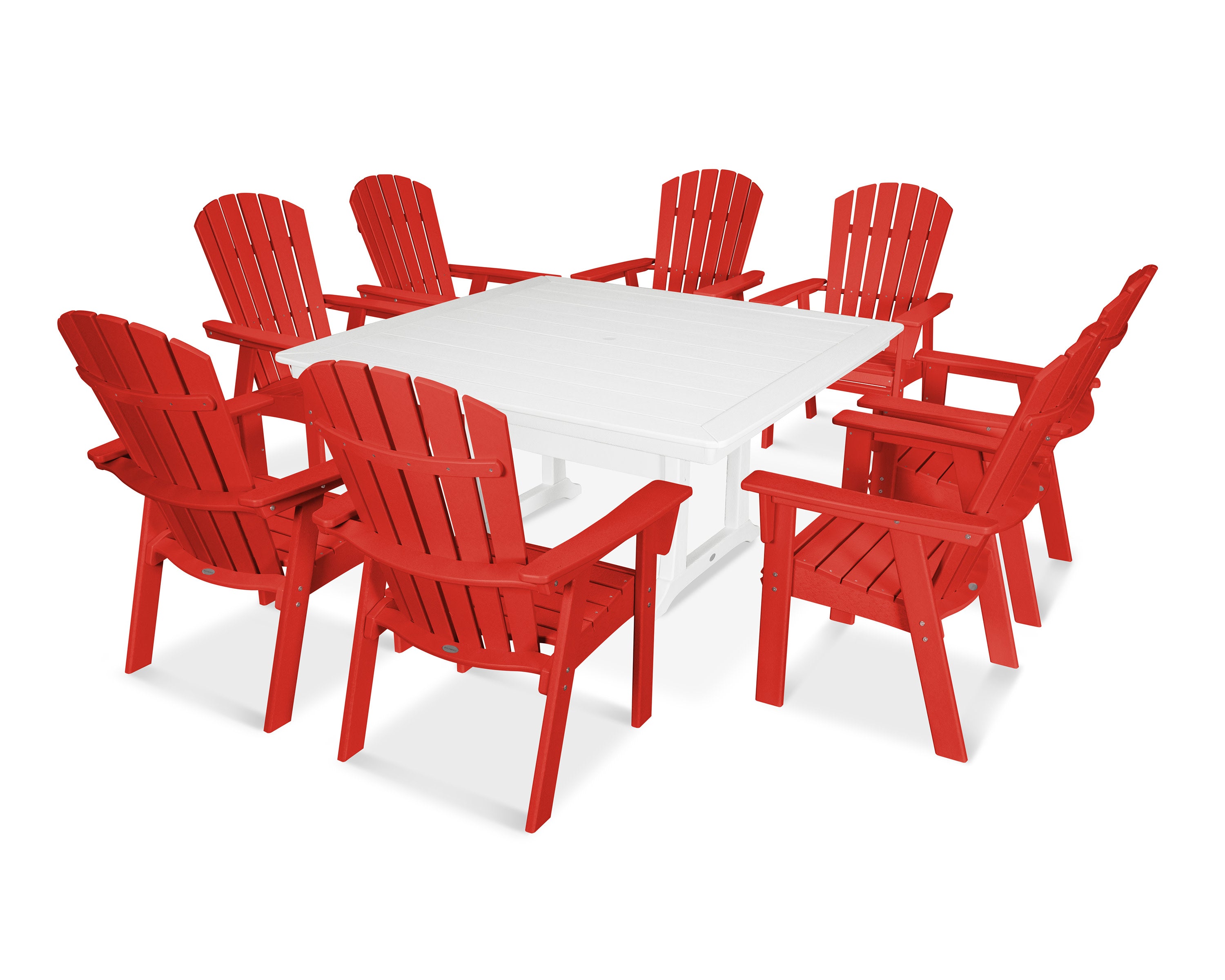 Nautical Adirondack 9-Piece Trestle Dining Set in Sunset Red / White