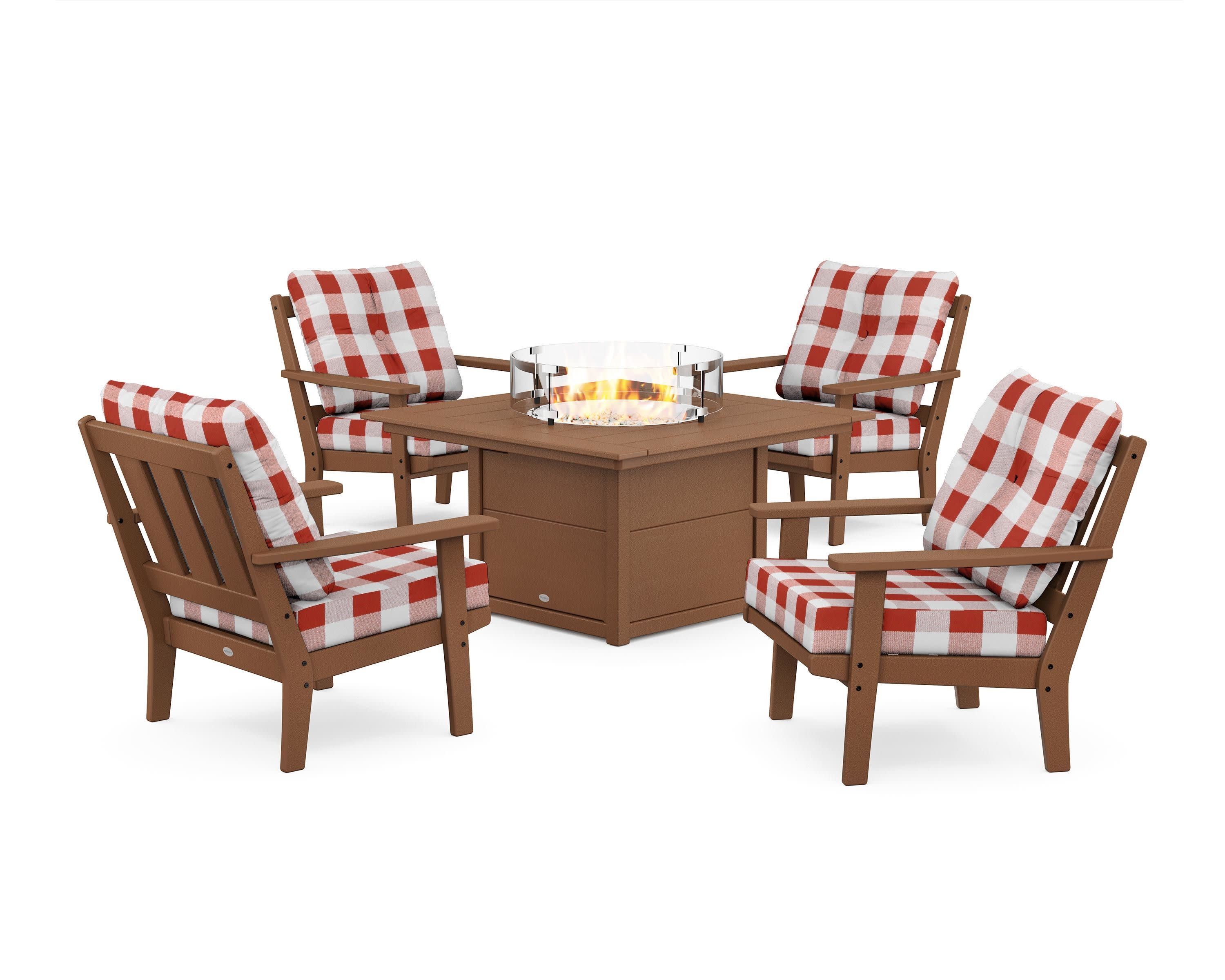 Oxford 5-Piece Deep Seating Set with Fire Pit Table in Teak / Buffalo Plaid Crimson