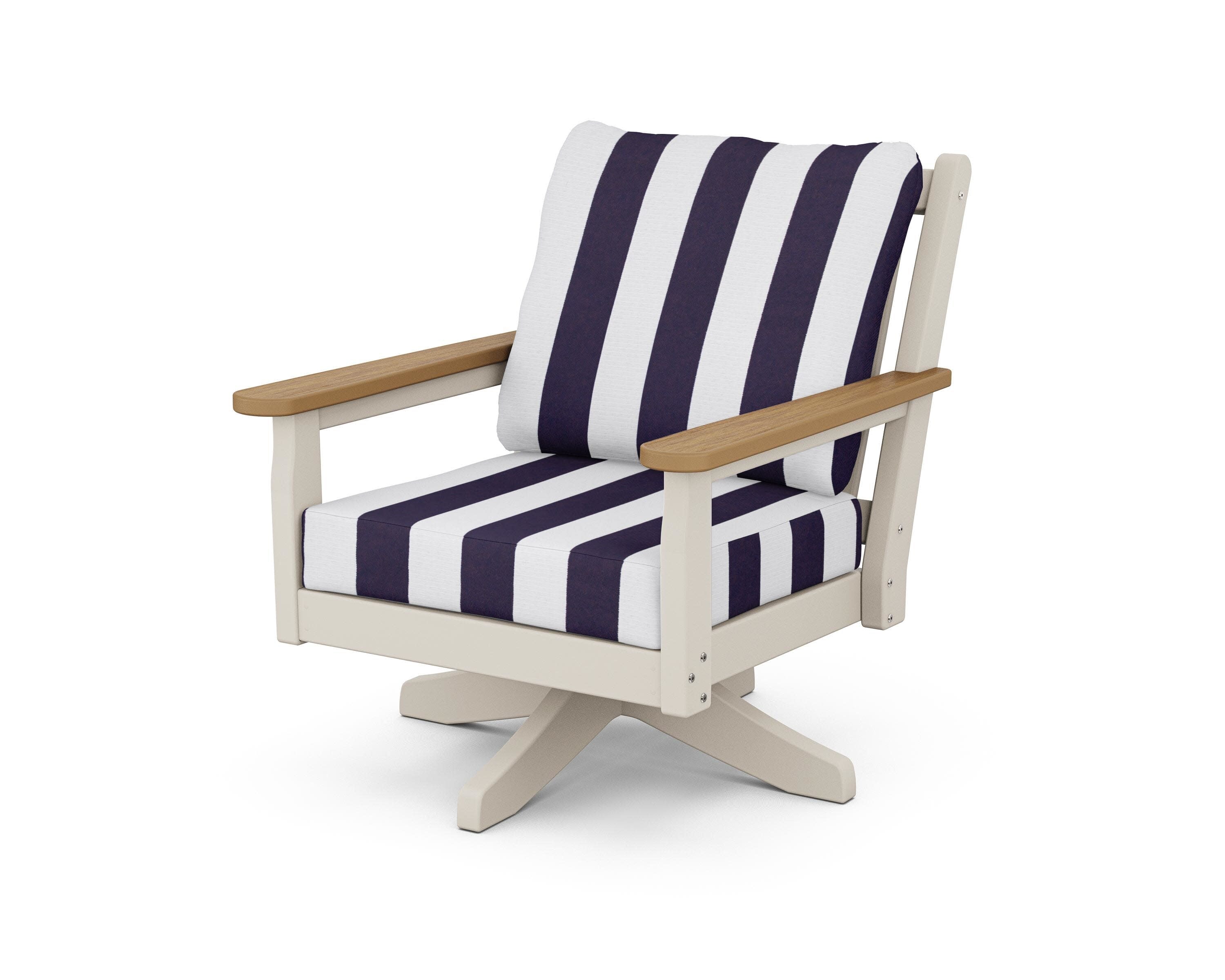 Chippendale Deep Seating Swivel Chair in Sand / Natural / Cabana Stripe Navy