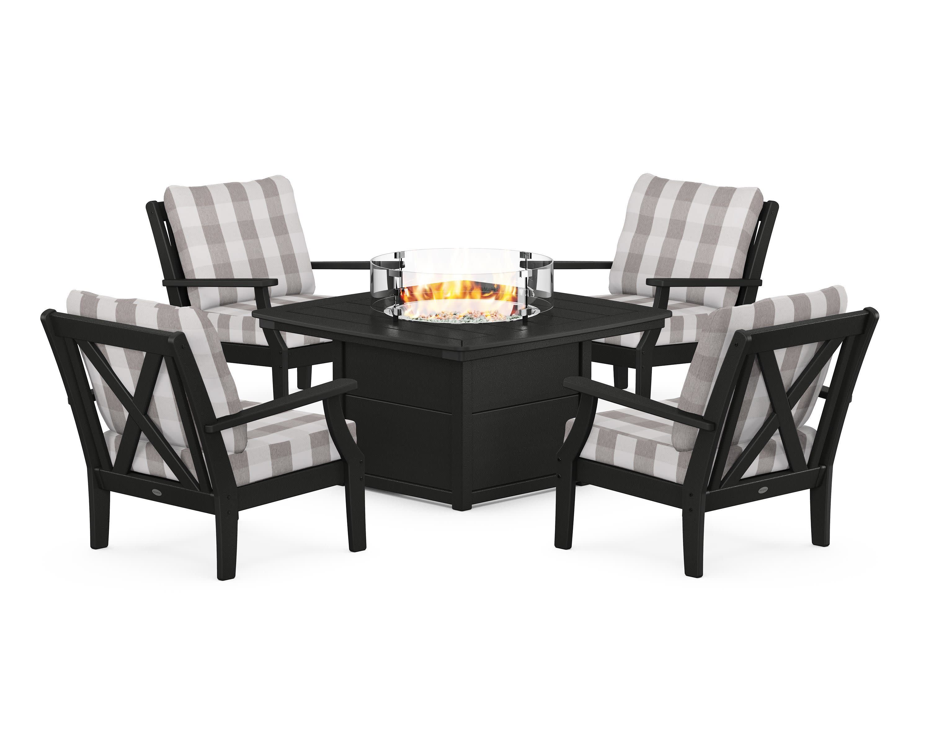 Braxton 5-Piece Deep Seating Conversation Set with Fire Pit Table in Black / Buffalo Plaid Grey Mist
