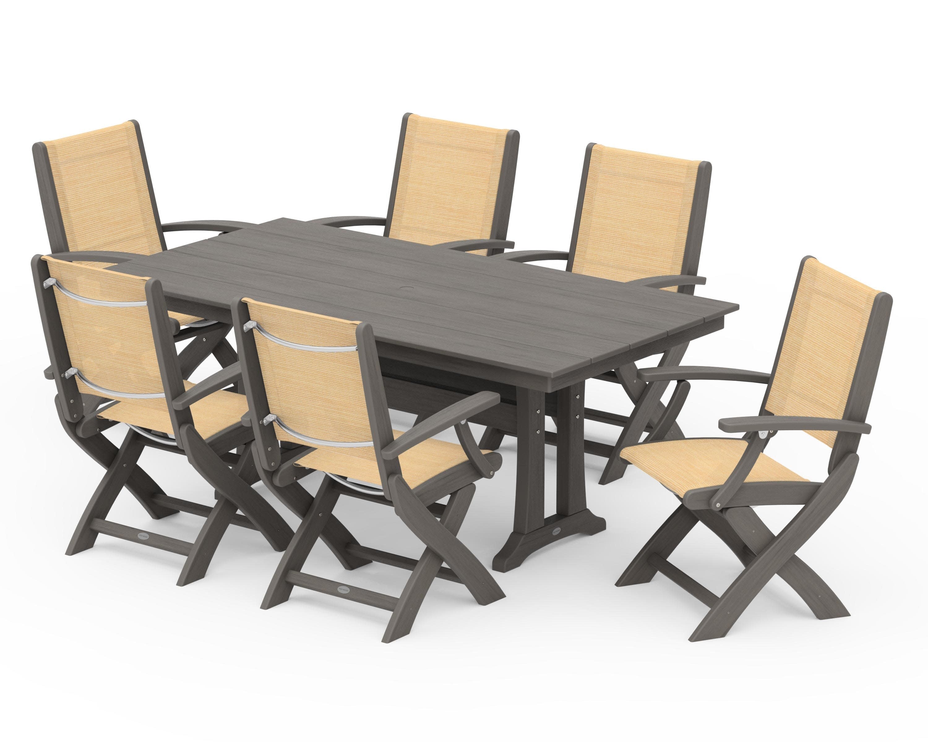 Coastal Folding Arm Chair 7-Piece Farmhouse Dining Set with Trestle Legs in Driftwood / Dupioni Apricot Sling