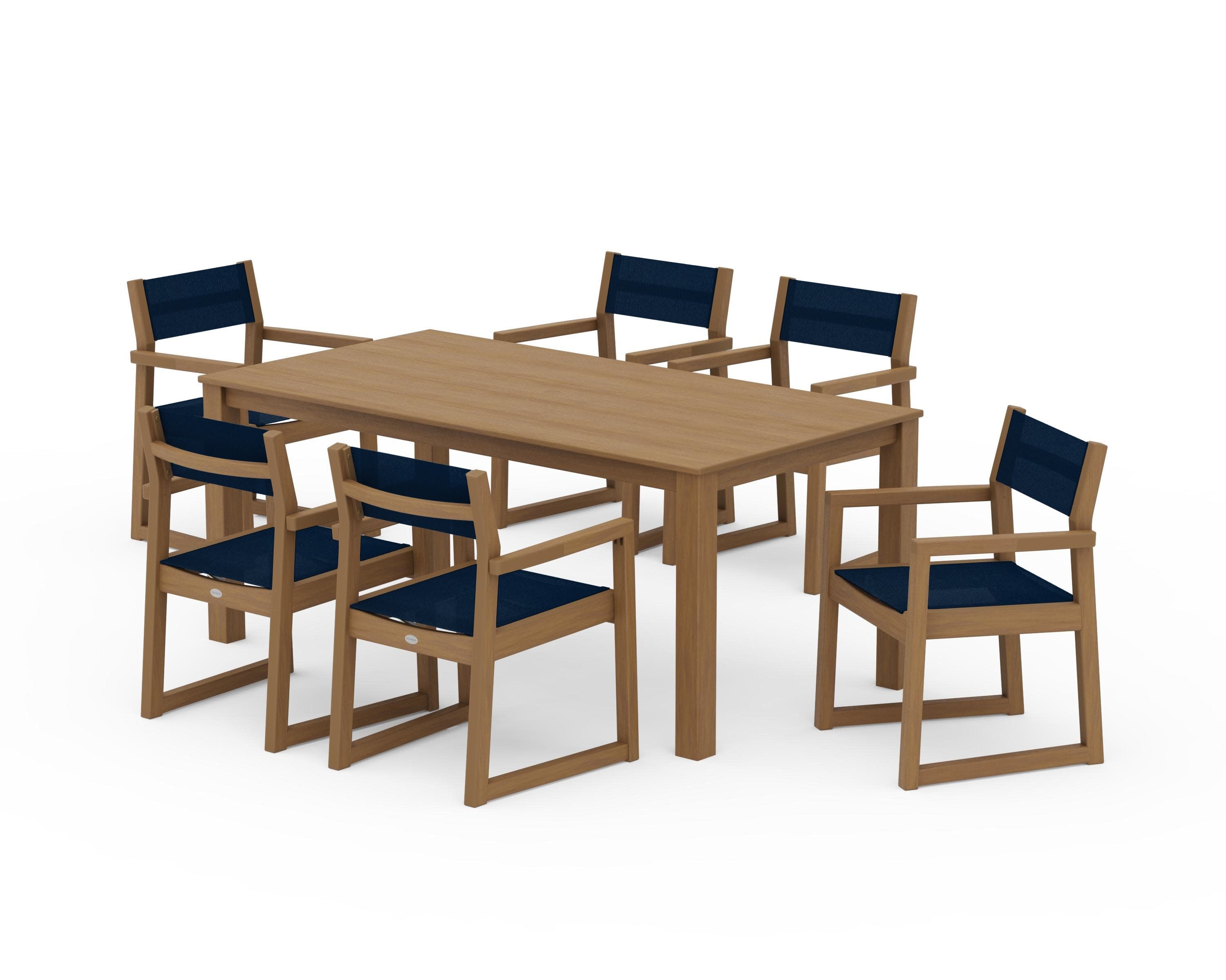 EDGE Sling Arm Chair 7-Piece Parsons Dining Set in Natural / Navy Blue Sling