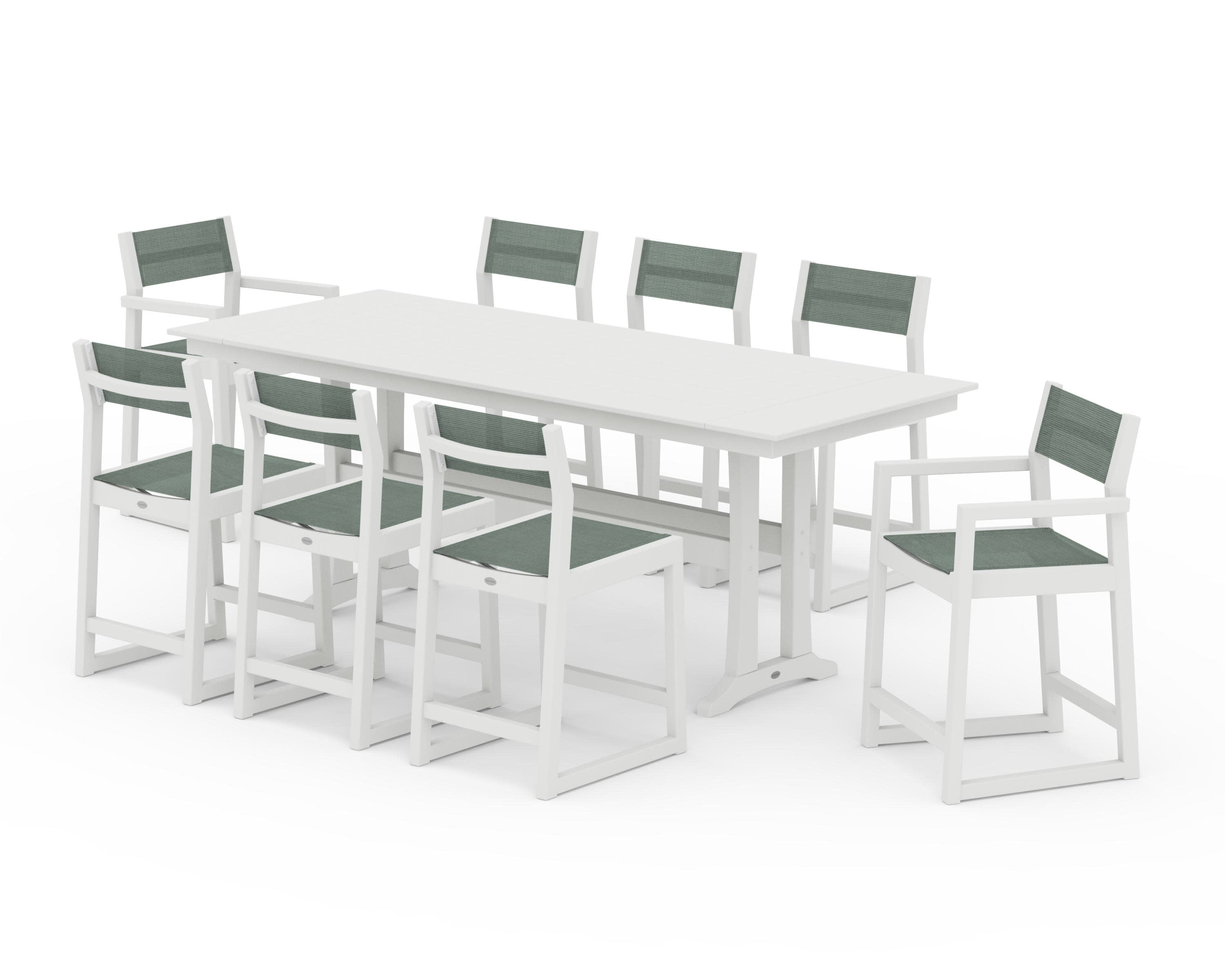 EDGE Sling 9-Piece Farmhouse Counter Set with Trestle Legs in Vintage White / Dupioni Sea Mist Sling