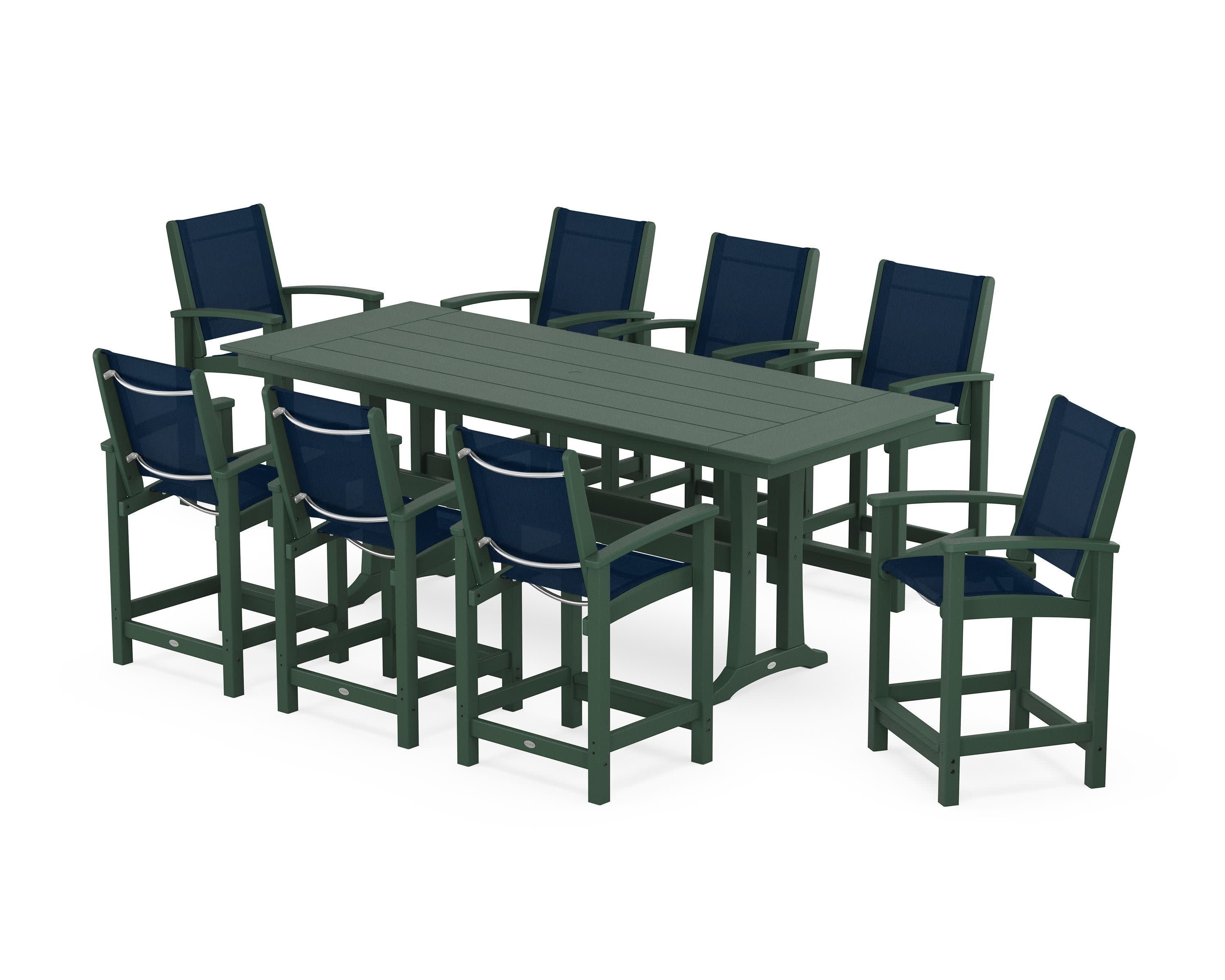 Coastal 9-Piece Farmhouse Counter Set with Trestle Legs in Green / Navy Blue Sling
