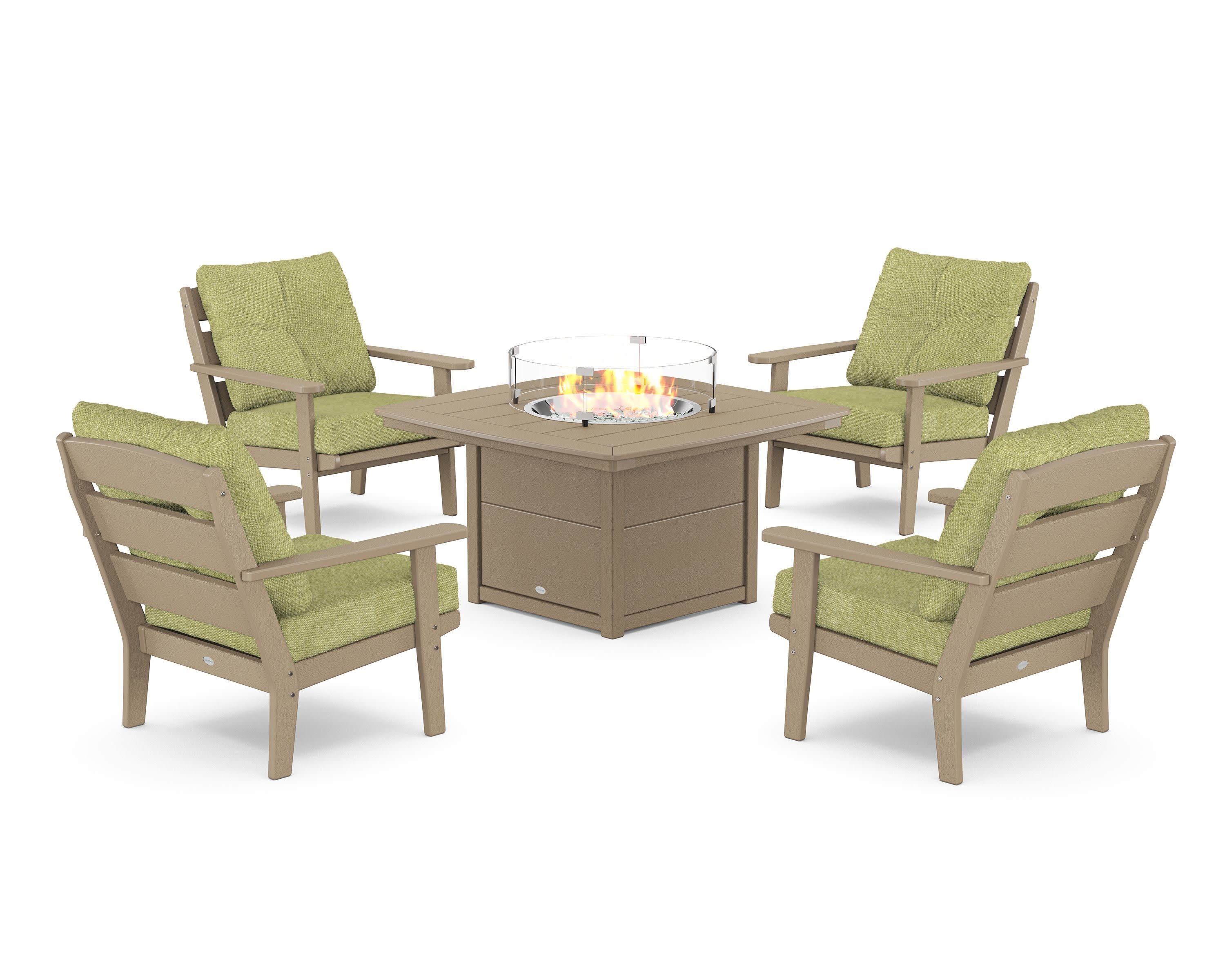 Lakeside 5-Piece Deep Seating Set with Nautical Fire Pit Table in Vintage Sahara / Chartreuse Boucle